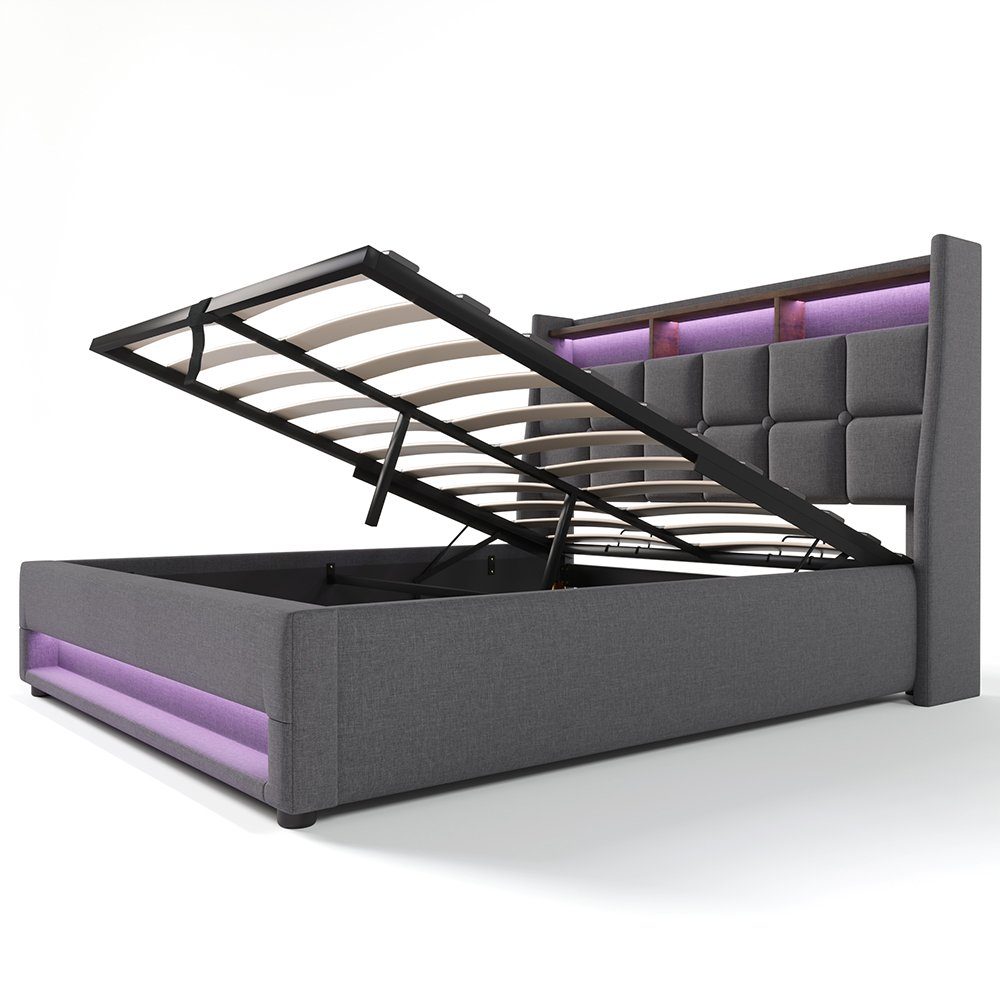 Polsterbett (Funktionsbett, 140x200 cm Hydraulisches Bett mit Lattenrost), Stauraumbett mit LED-Beleuchtung und USB-Anschluss, Baumwolle-Leinen