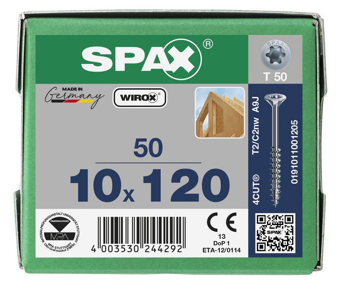 St), SPAX weiß 10x120 (Stahl verzinkt, 50 mm Holzbauschraube, Spanplattenschraube