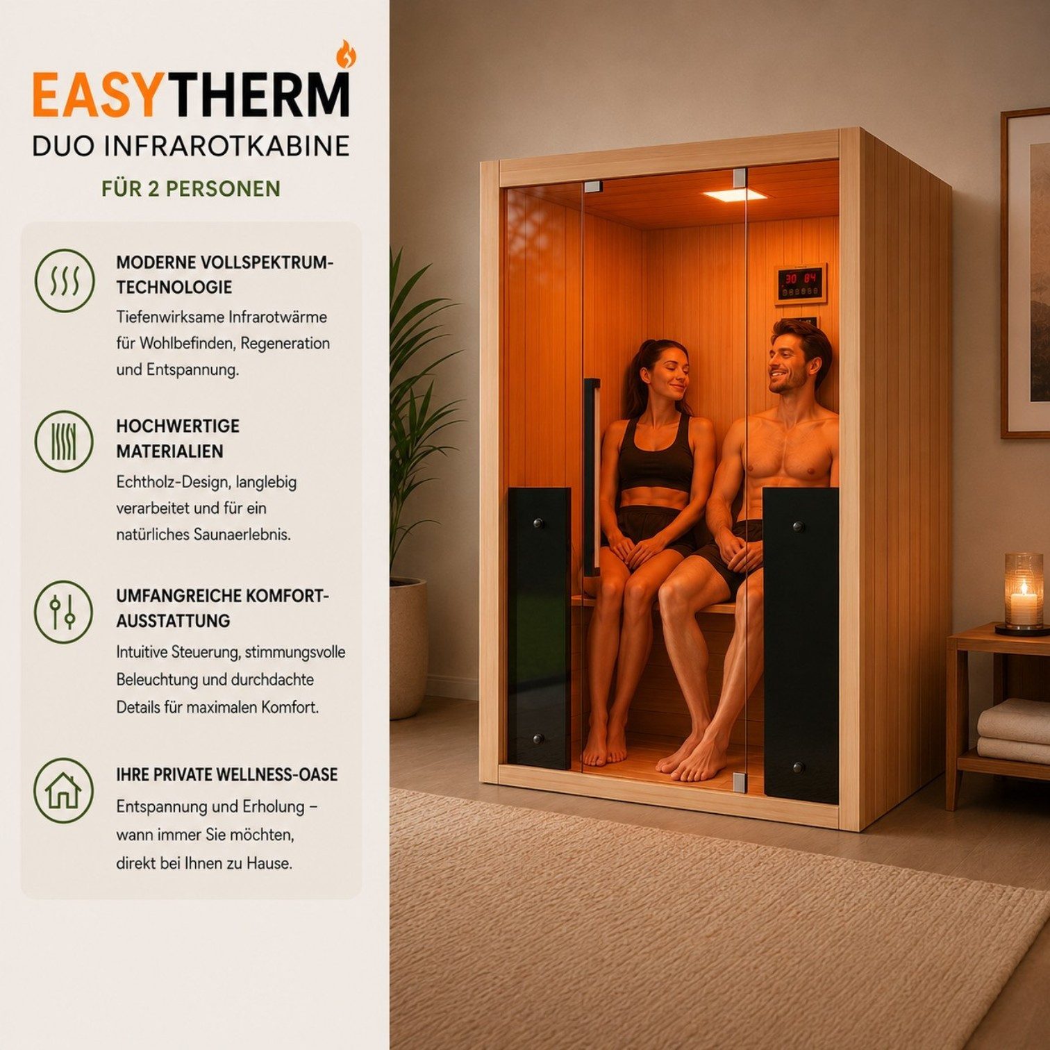 WELCON Infrarotkabine Easytherm Duo Wärmekabine Vollholz Hemlock für zwei Personen, BxTxH: 124,00 x 120,50 x 200 cm