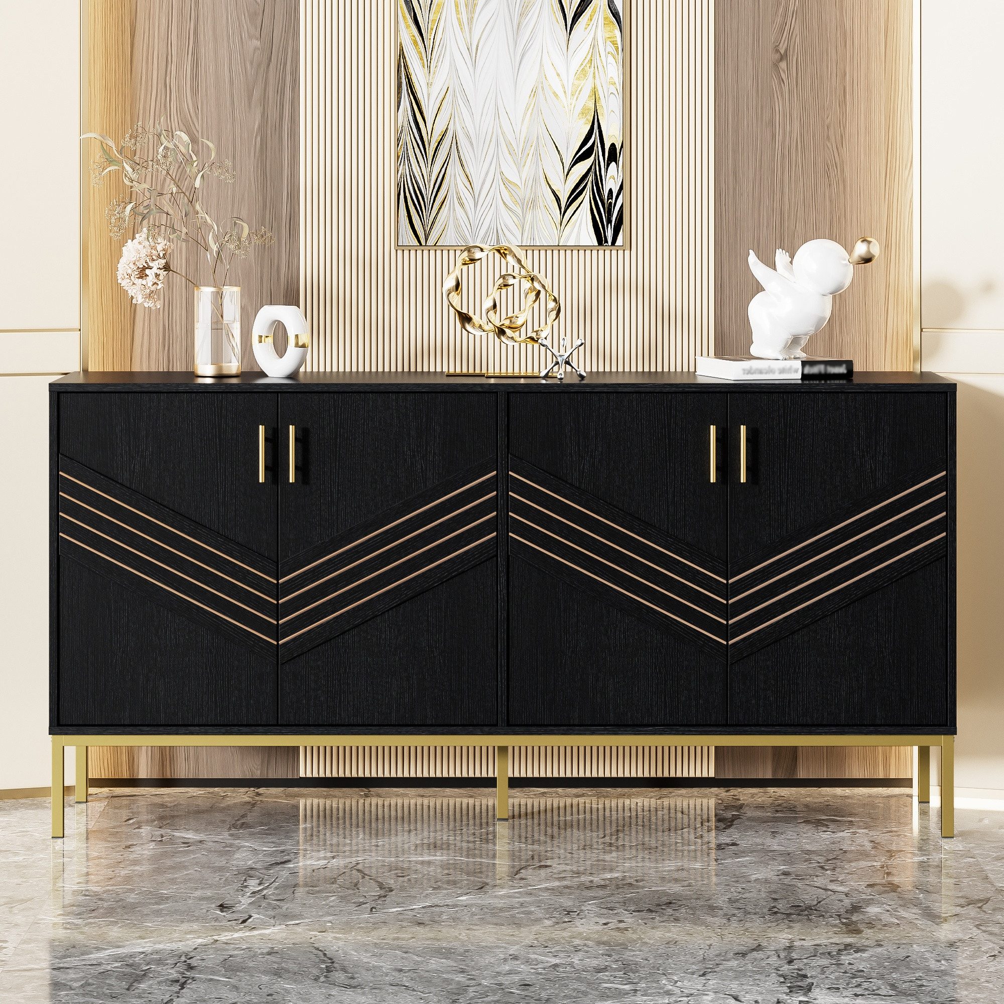 IDEASY Sideboard 4-türiges Sideboard Weiß-Gold, MDF & Metallbeine, Höhenverstellbar, großer Stauraum für Wohnbereich