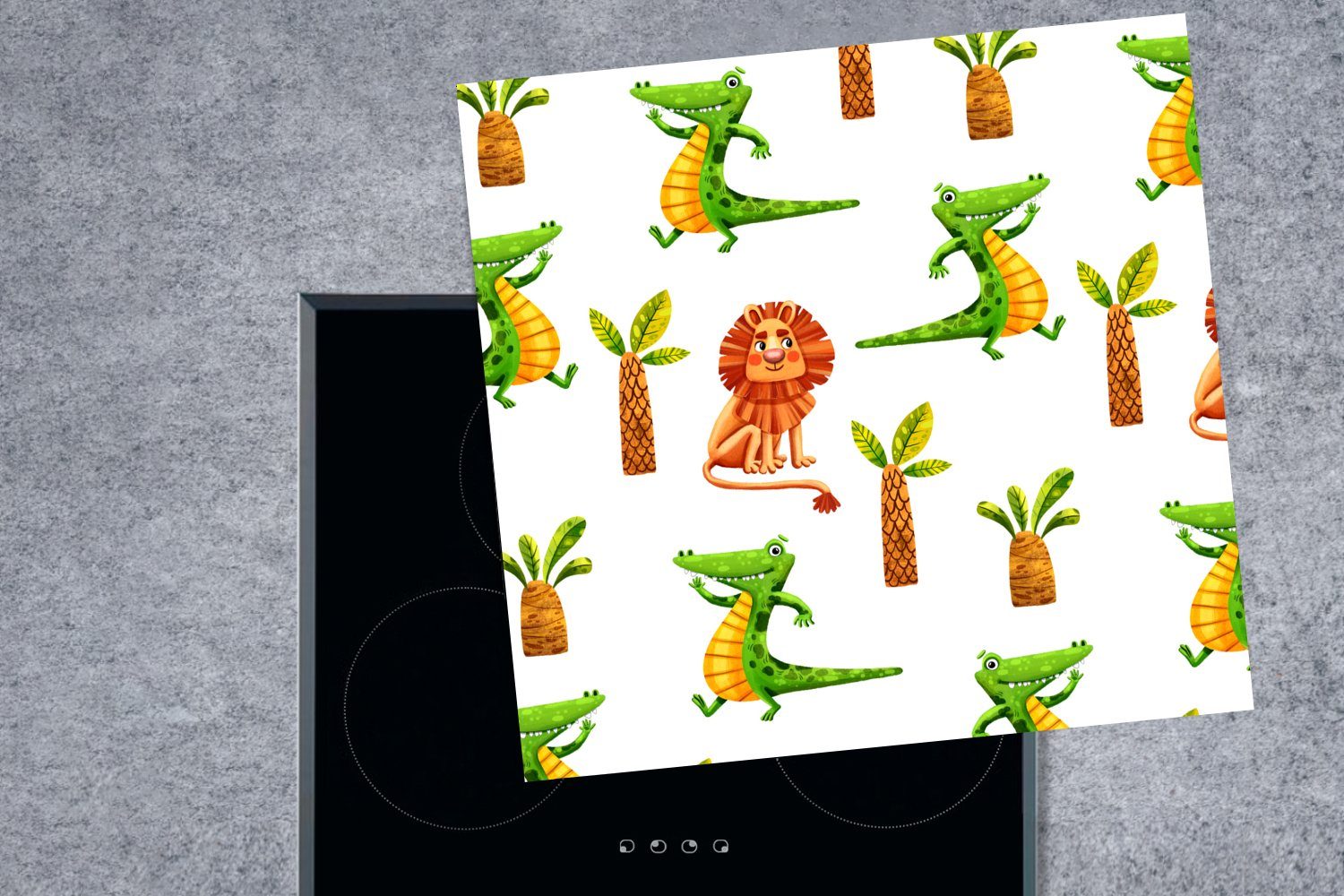 - Dschungel küche MuchoWow Vinyl, Tiere (1 cm, Herdblende-/Abdeckplatte tlg), - Arbeitsplatte Ceranfeldabdeckung, Palmen, für 78x78
