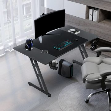 AUFUN Gamingtisch Computertisch Elite Gamer-Schreibtisch Rocksolid Tisch (120/140cm), Schreibtisch mit LED Gamer Beleuchtung, Kopfhörerhaken, Getränkehalter