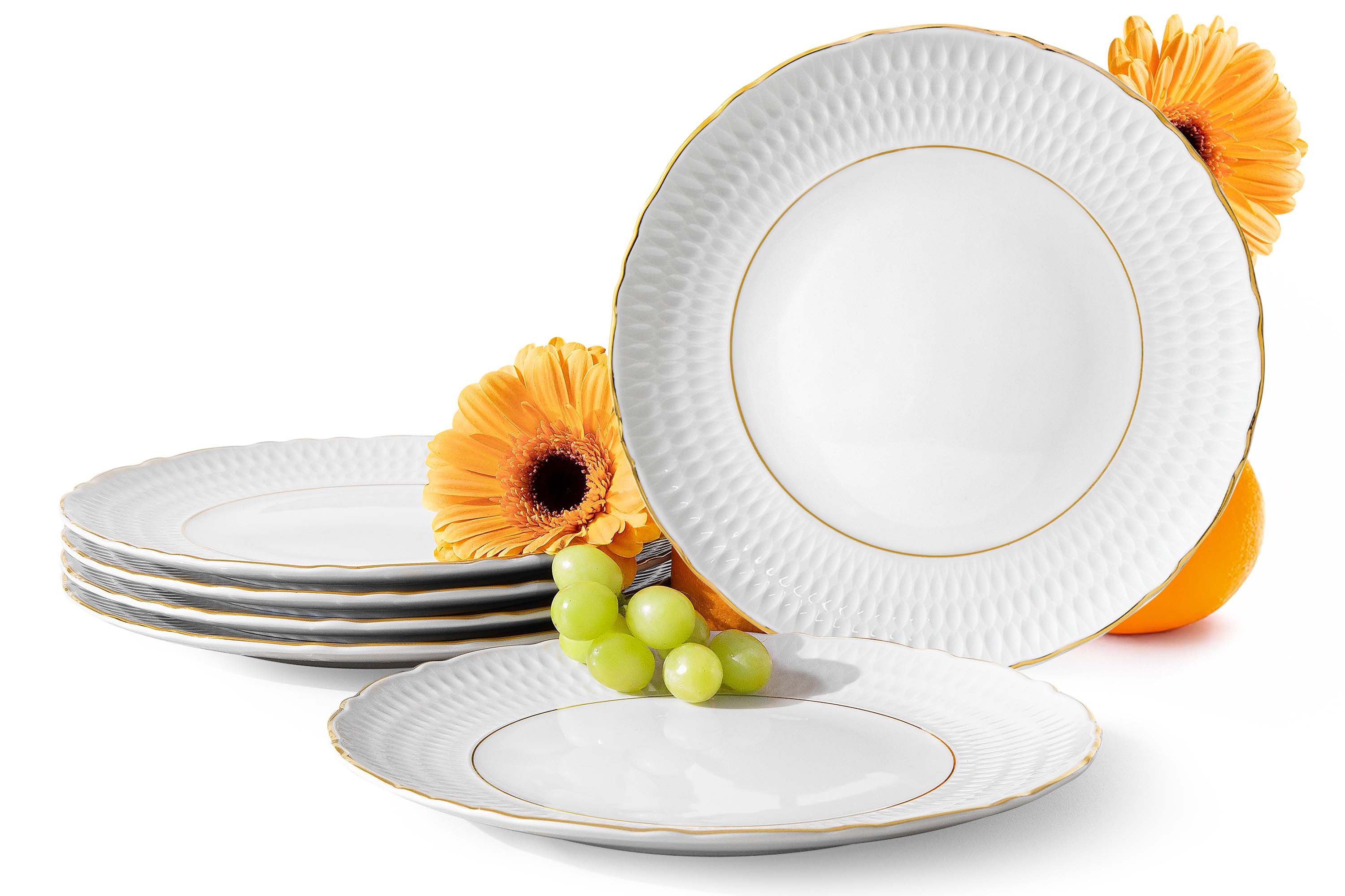 KONSIMO® Тарелки-Set CMIELOW SOFIA Geschirrset, Hochwertiges Premium-Porzellan (6-tlg), 6 Personen, Porzellan, 6x Тарелка обеденная, handgemalte Dekoration in echtem Gold
