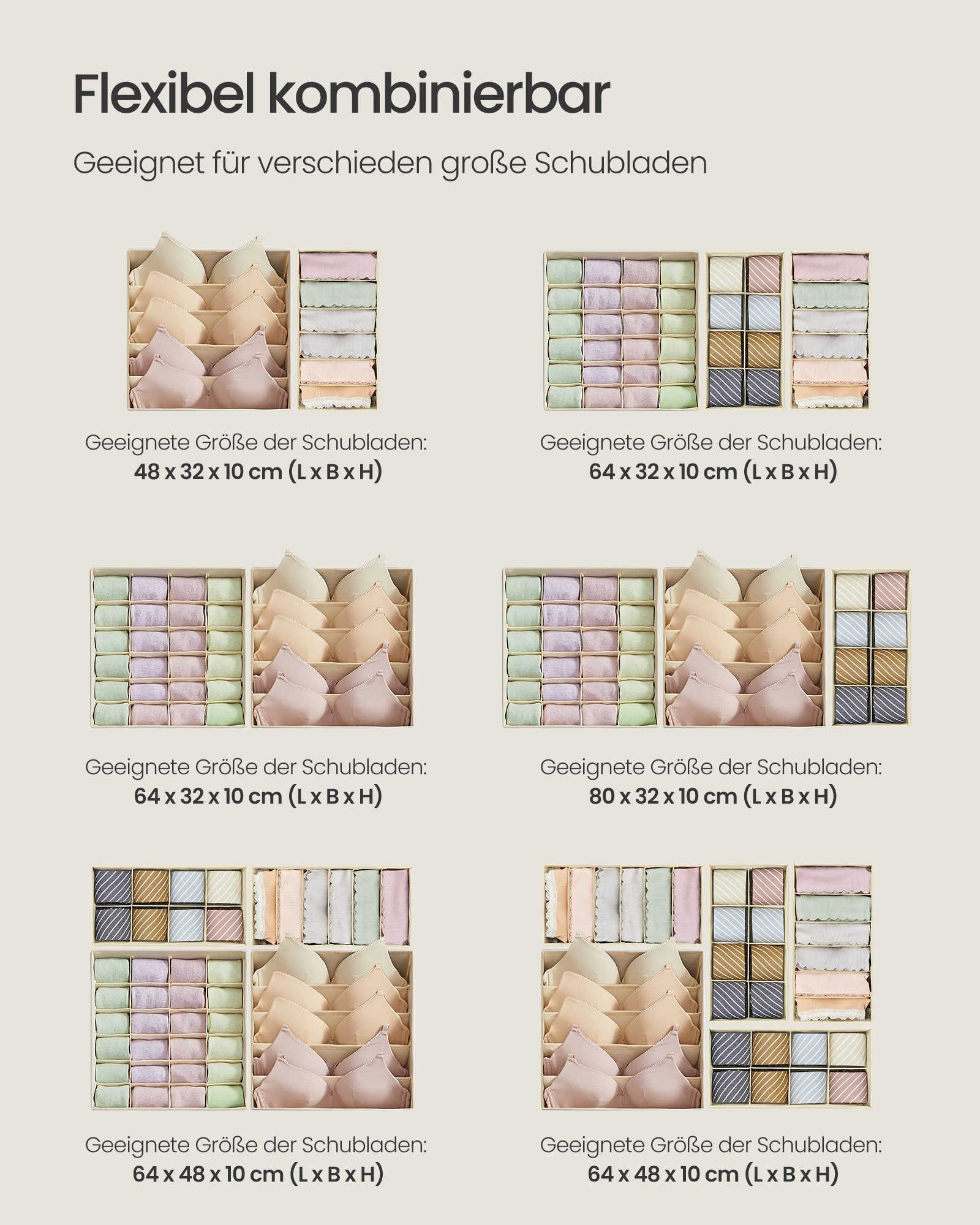 SONGMICS Aufbewahrungsbox Unterwäsche-Organizer, faltbar, Stoffboxen, für BHs Socken Krawatten (8 St), 8 Stück, Ordnungssystem Kleiderschrank, Aufbewahrungsbox  – Bild 4 von 5