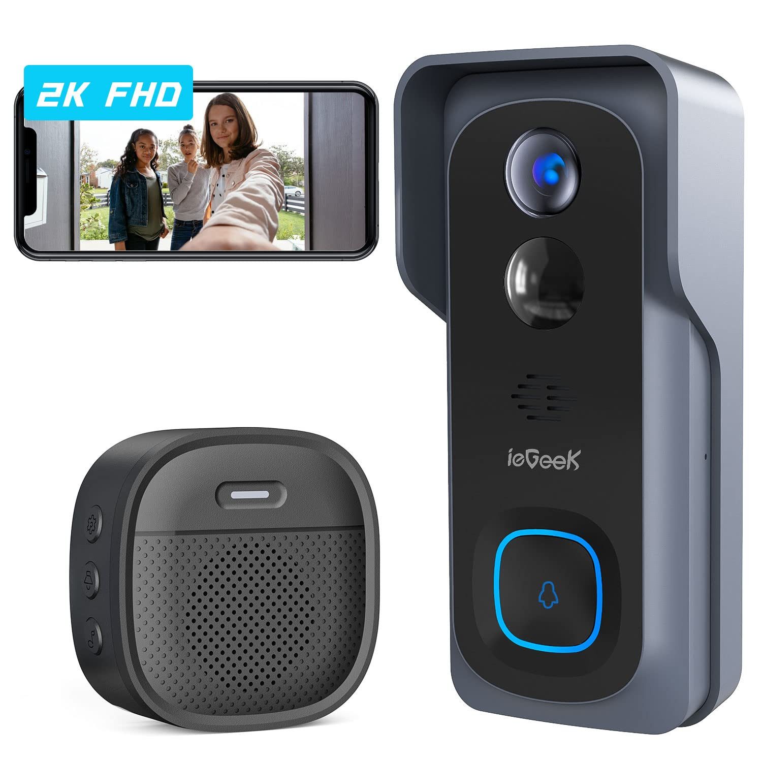 ieGeek WLAN Video Türklingel mit Kamera Kabellose Video Doorbell 2,4GHz WLAN Smart Home Türklingel (Außenbereich, Aussen, Drinnen, 2K Smarte Video Türklingel mit Akku,PIR Personenerkennung, Nachtsicht, 2-Wege-Audio, 2,4 GHz WiFi,Unterstützt SD & Cloud-Speicher, 166°Weitwinkelansicht, Teilen Sie den Moment mit Ihrer Familie)