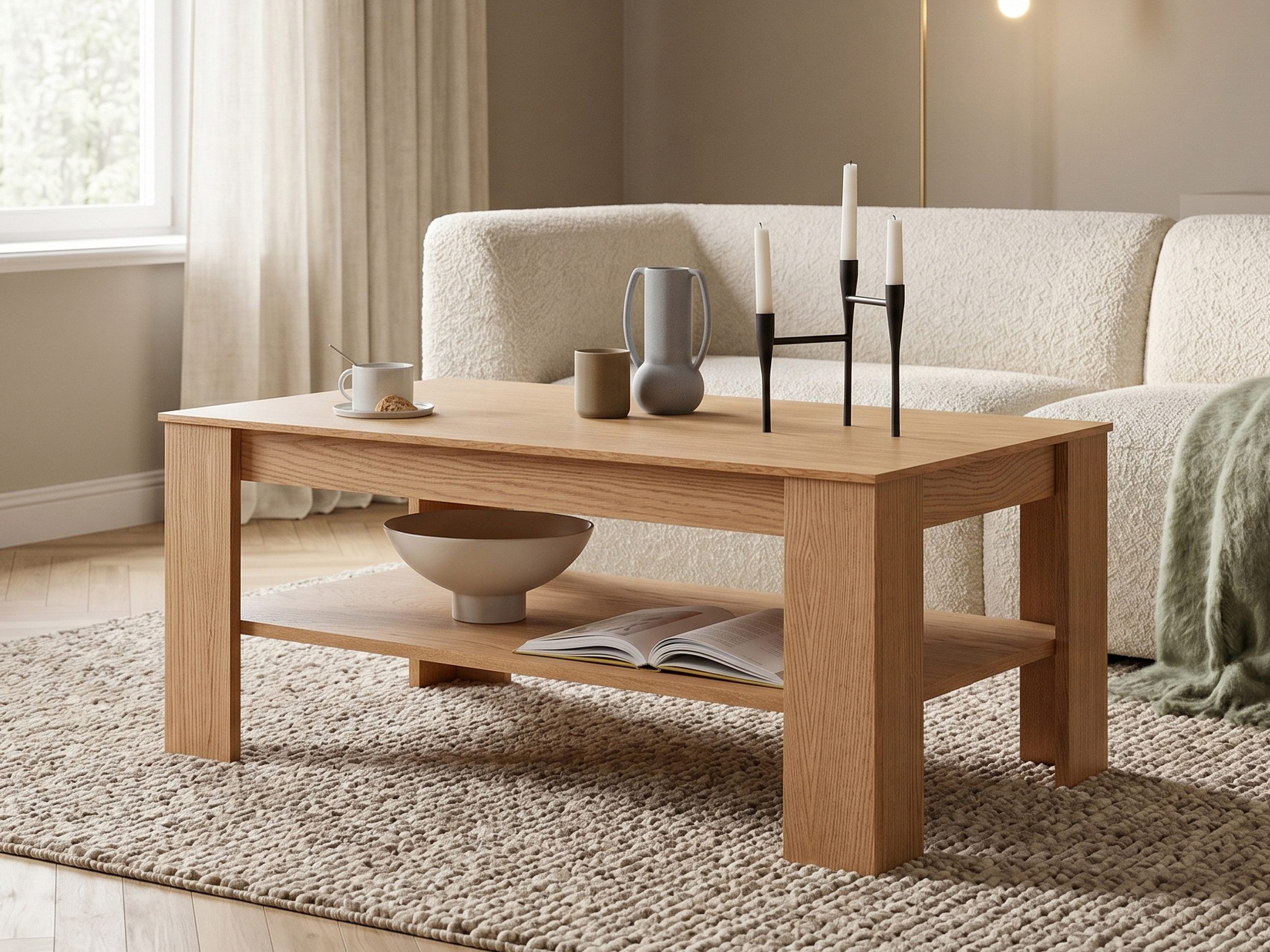 Massivart® Couchtisch Wohnzimmertisch, B 115 cm, Wildeiche geölt »ARAYA«, rechteckige Tischplatte · 2 Ablageflächen · Stauraum · Wohnzimmer