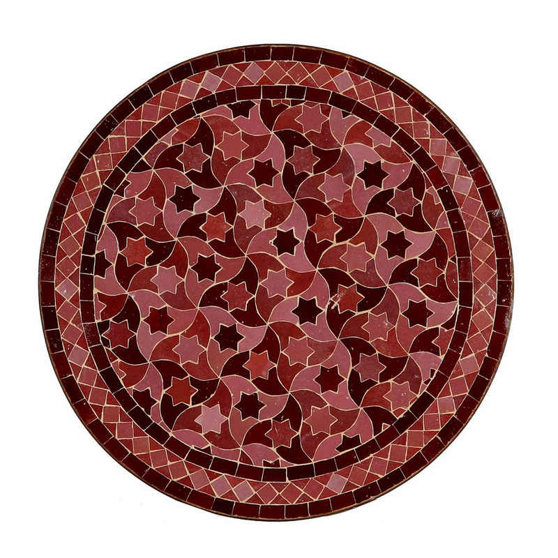Casa Moro Gartentisch Marokkanischer Mosaiktisch Ø 60 cm glasiert Bordeaux Rosa Sterne mit Gestell H 73 cm, Kunsthandwerk aus Marokko, Bistrotisch Beistelltisch Balkontisch, MO10006, Handmade
