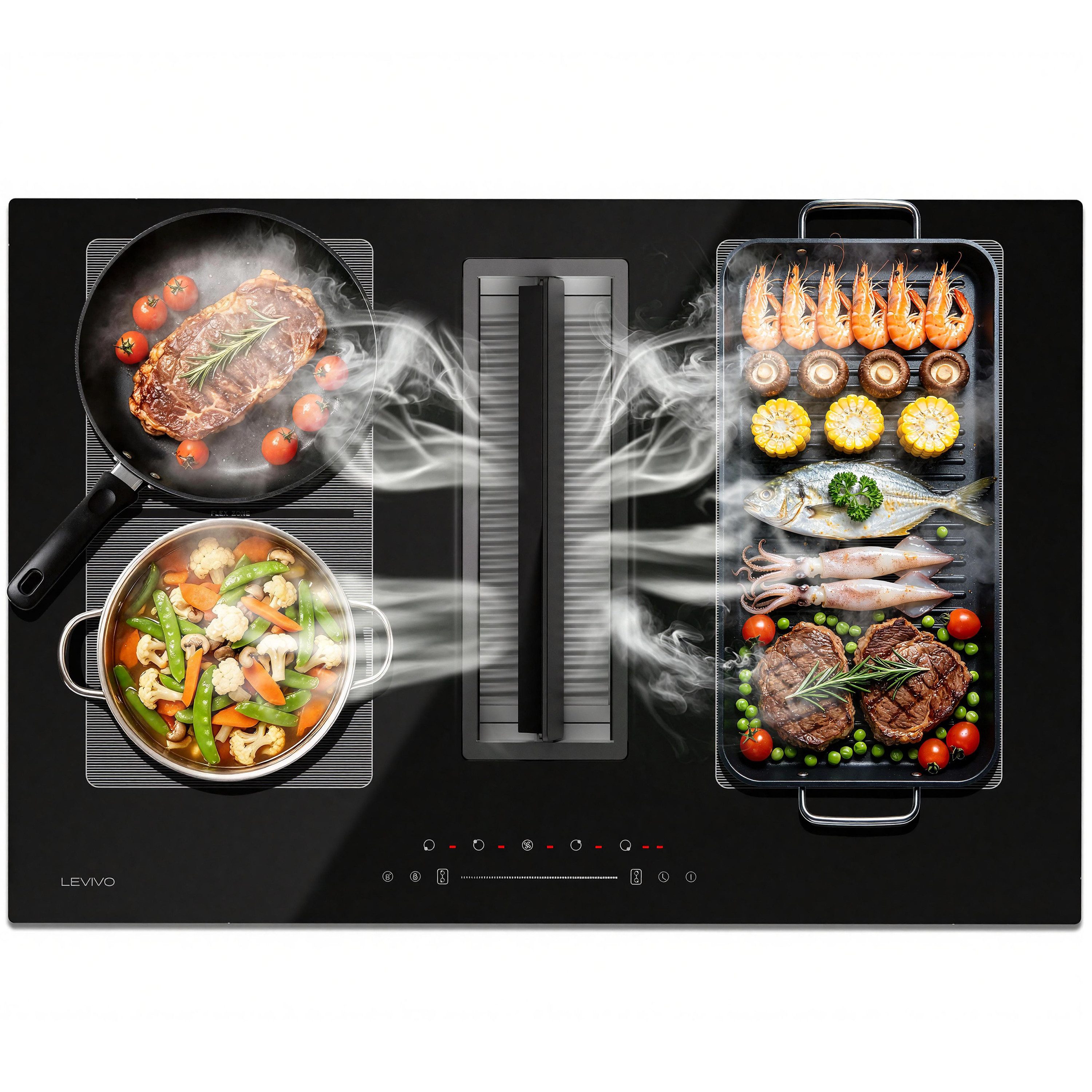 Levivo Induktions-Kochfeld Induktionskochfeld 77 cm mit 564 m³/h Dunstabzug, 8 Stufen & Booster, Touch-Control, Timer und Bridge Funktion