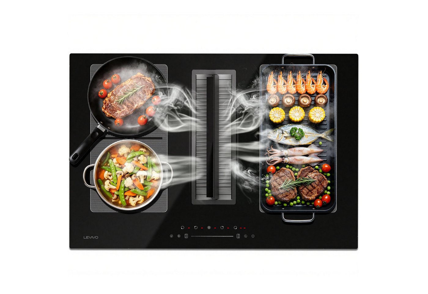 Levivo Induktions-Kochfeld Induktionskochfeld 77 cm mit 564 m³/h Dunstabzug, 8 Stufen & Booster, Touch-Control, Timer und Bridge Funktion
