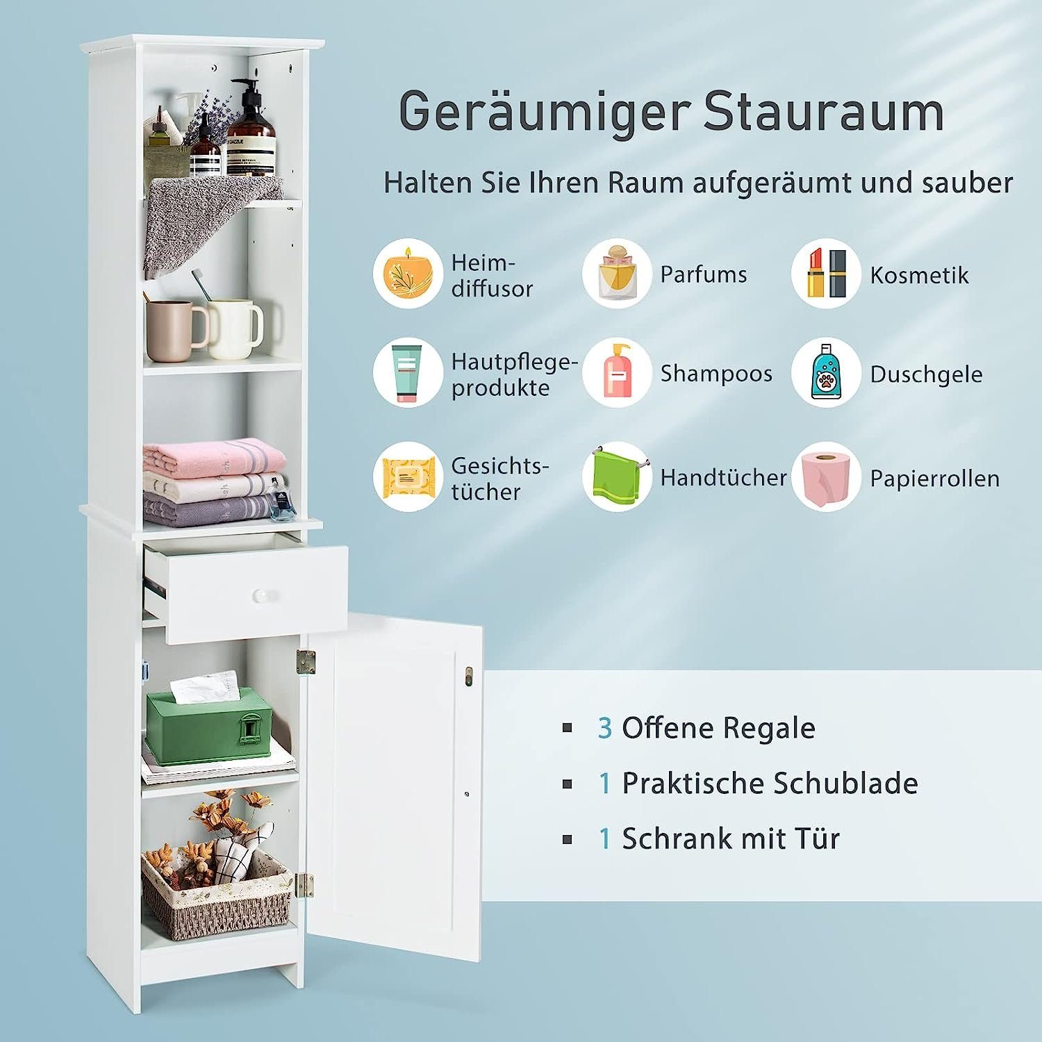 KOMFOTTEU mit verstellbaren Hochschrank Badezimmerschrank Regalen 2