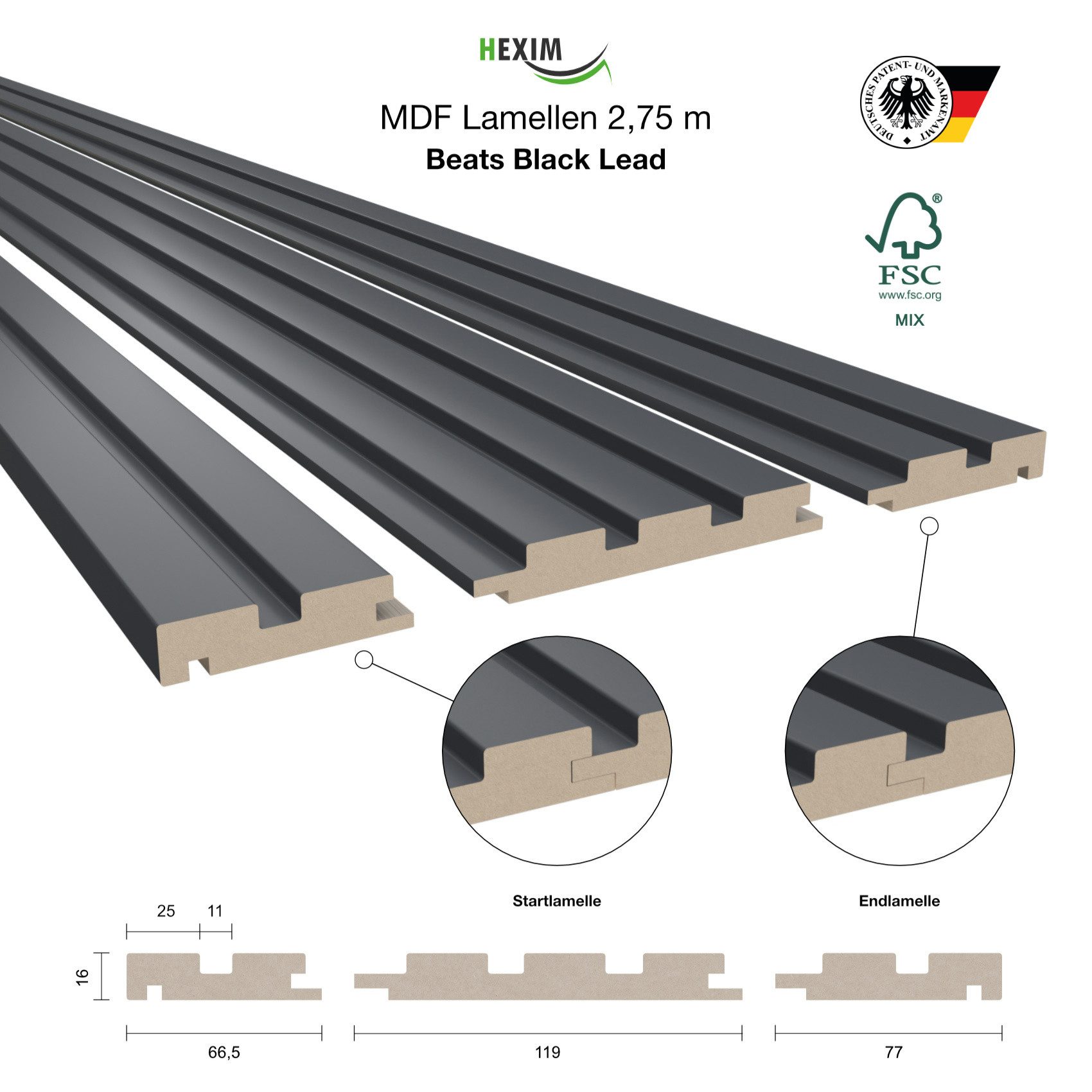 Hexim Wanddekoobjekt Beats De Luxe Black Lead (Beats Lamellen 2,75m MDF Lam günstig online kaufen