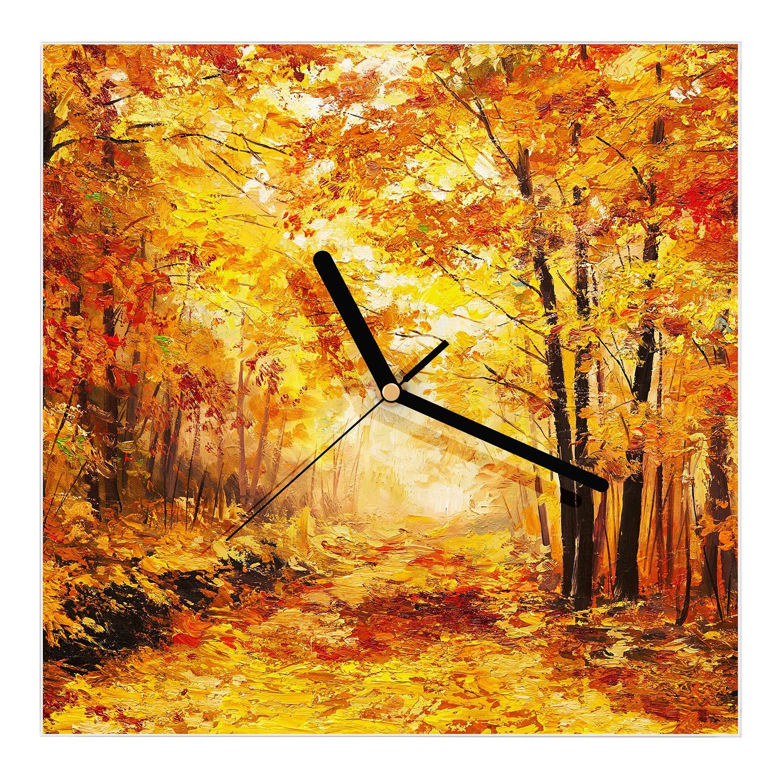 Primedeco Wanduhr Glasuhr Wanduhr Wandkunst Größe 30 x 30 cm mit Motiv Herbstwald | Wanduhren
