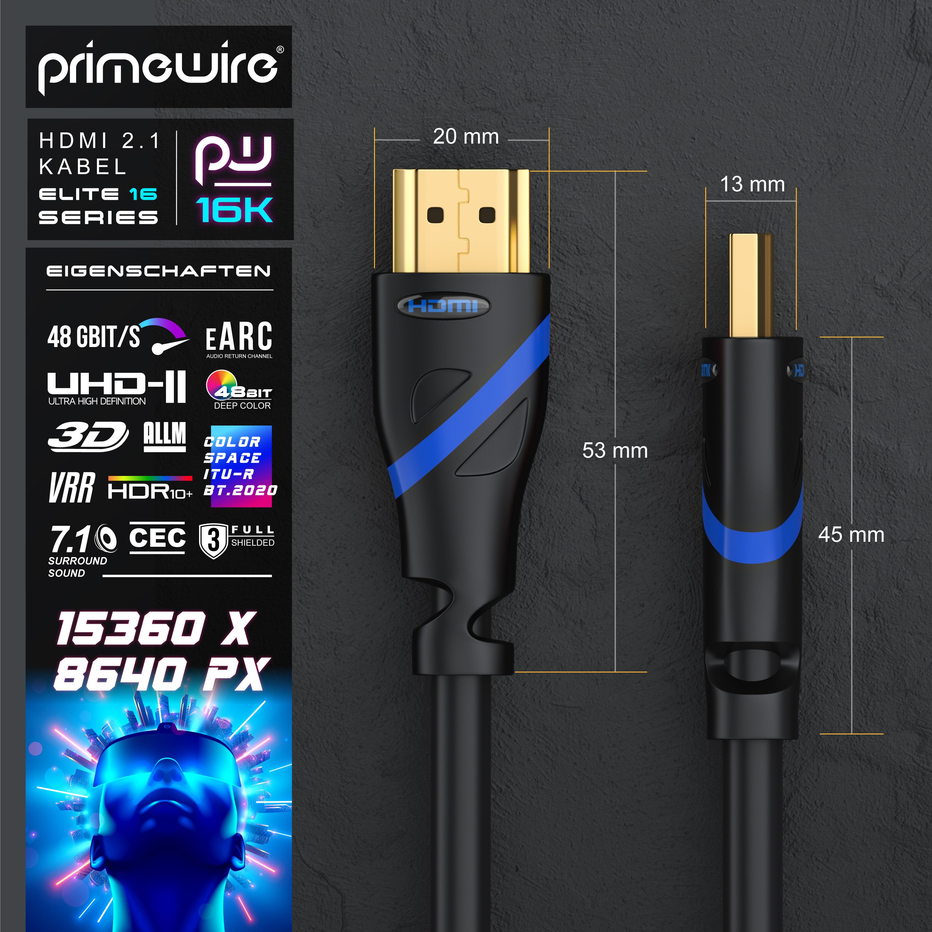 Primewire 16k HDMI Kabel 2.1, Ultra High Speed Ethernet 48Gbps, HDMI-Kabel, 2.1, HDMI Typ A (50 cm), 16k 30 Hz 8k 60Hz 4k 120 Hz, UHD HDR 10+ eARC DV 3D VRR - 0,5m