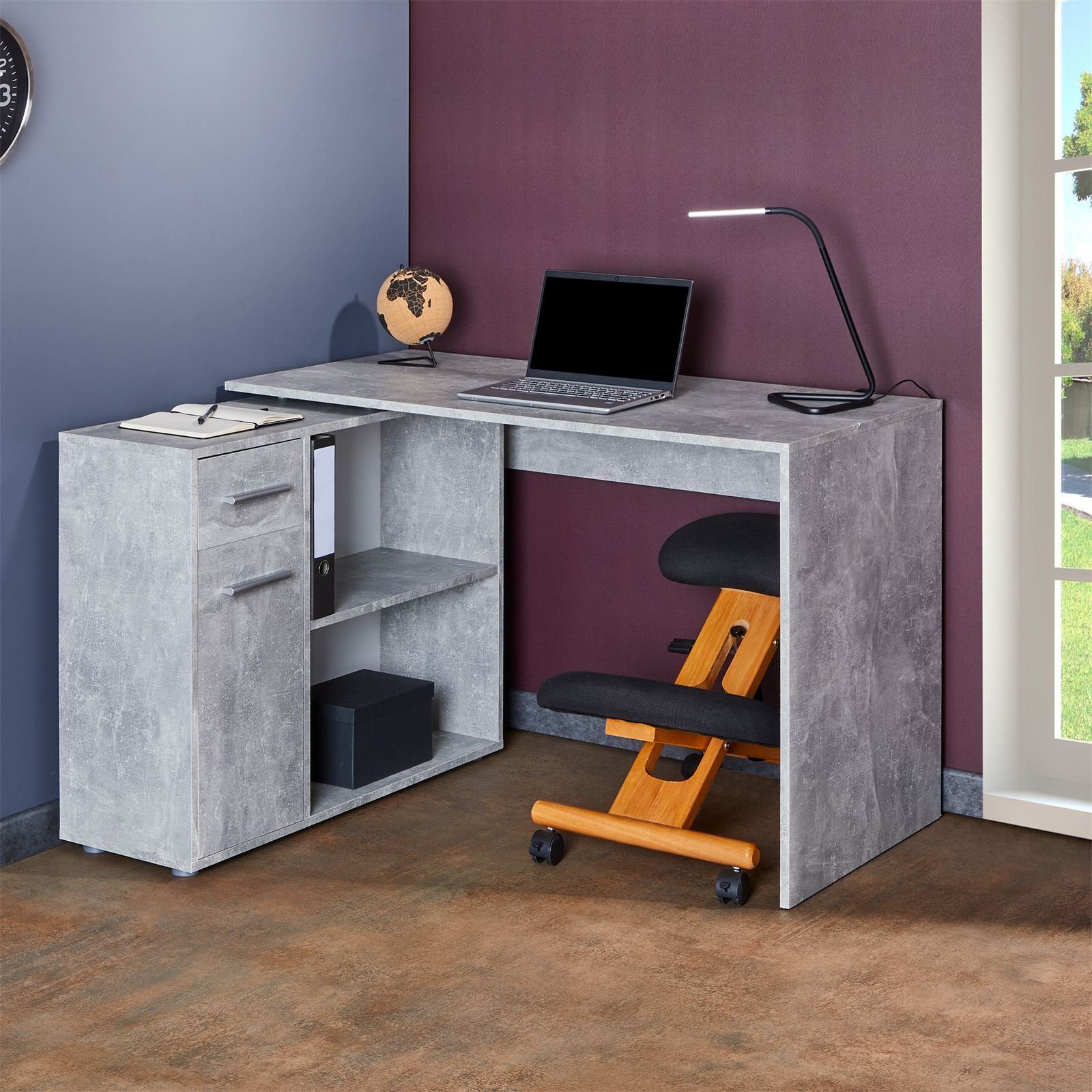 Computertisch mit Schreibtisch Bürotisch Eckschreibtisch IDIMEX Regal Winkel Betonoptik ISOTTA, Eckschreibtisch