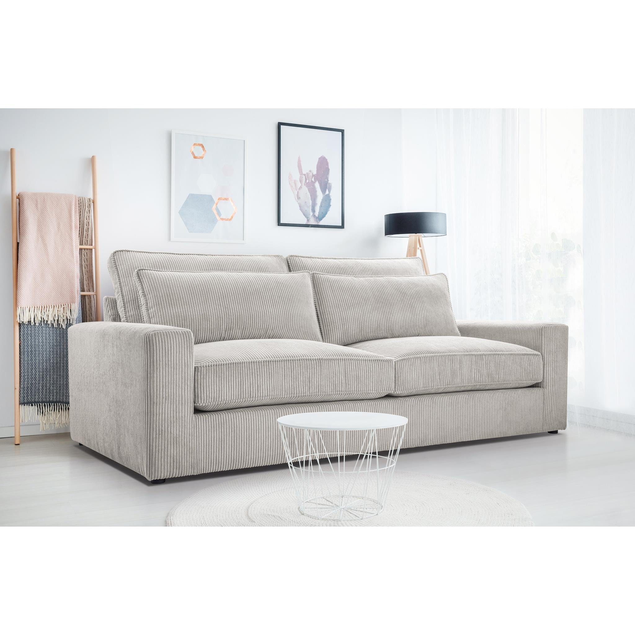 Beautysofa 3-Sitzer Como, Wellenfedern, Wohnzimmer, 221 cm Sofa im modernes Stil, Polstersofa aus Velours im Cord-Struktur Beige (lincoln 83)