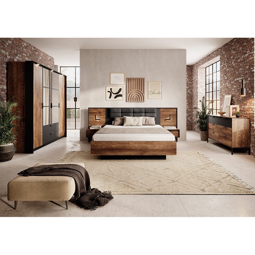 Lomadox Schlafzimmer-Set MEZZANA-167, (Spar-Set, 5-tlg., Kleiderschrank Bettgestell Lattenrost Nachttische Kommode), 160x200cm, mit aufklappbarem Lattenrost & Beleuchtung