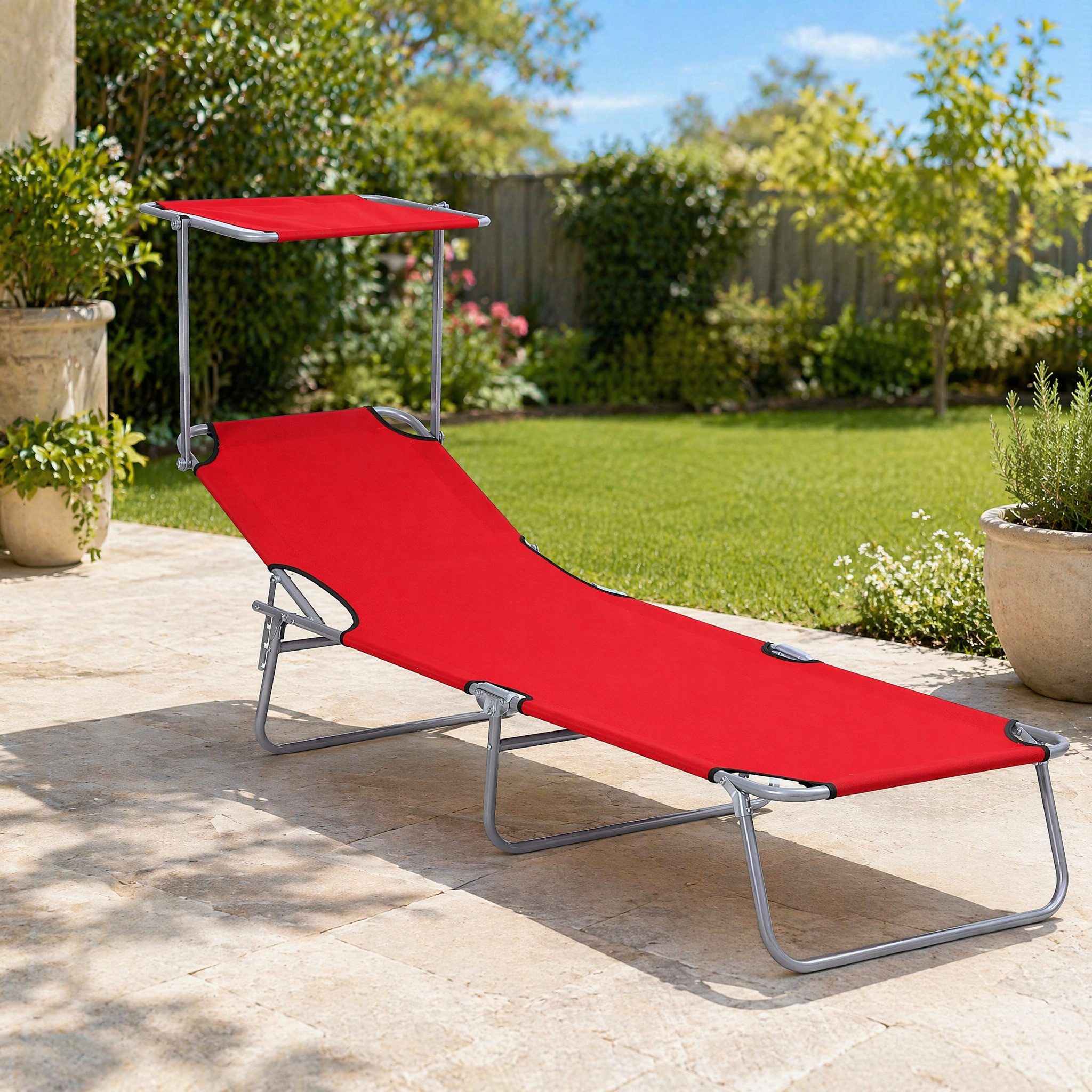 REDOM Gartenliege Klappbare Sonnenliege mit Sonnendach 187 x 58 x 36 cm Oxford, Packung, 1 St., Outdoor Camping Liegestuhl für Balkon Terrasse leicht klappbar, Gartenliege Relaxliege 4-stufig verstellbar Rückenlehne