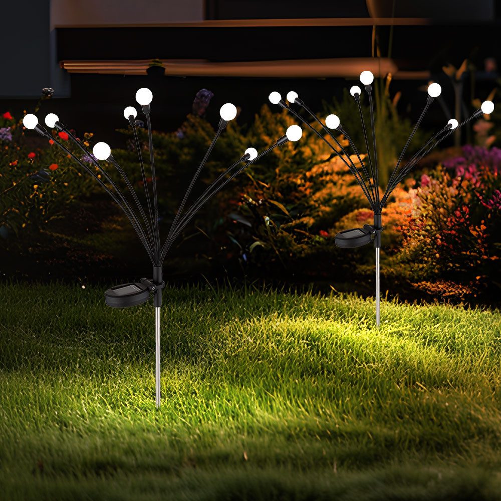 GLOBO LIGHTING LED Solarleuchte, LED-Leuchtmittel fest verbaut, Warmweiß, Solarlampe Gartendeko Außenleuchte Erdspieß LED 8 flammig 2er Set