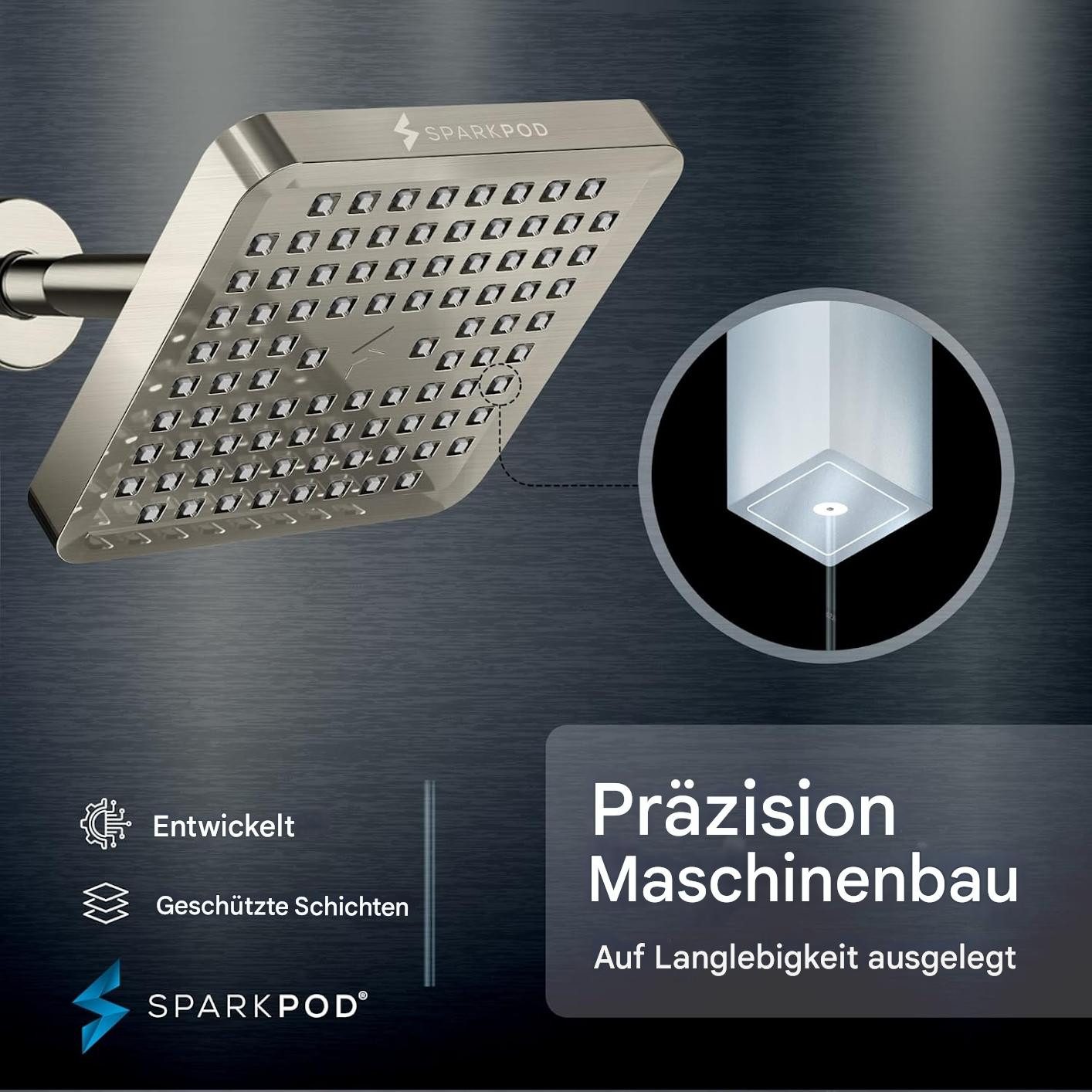 sparkpod Regenduschkopf XXL Regenduschkopf Hochdruck – Luxus Wellness-Dusche für Zuhause, (Luxus-Regenduschkopf mit Universalanschluss, 3-tlg., Hochdruck-Duschk – Bild 5 von 5