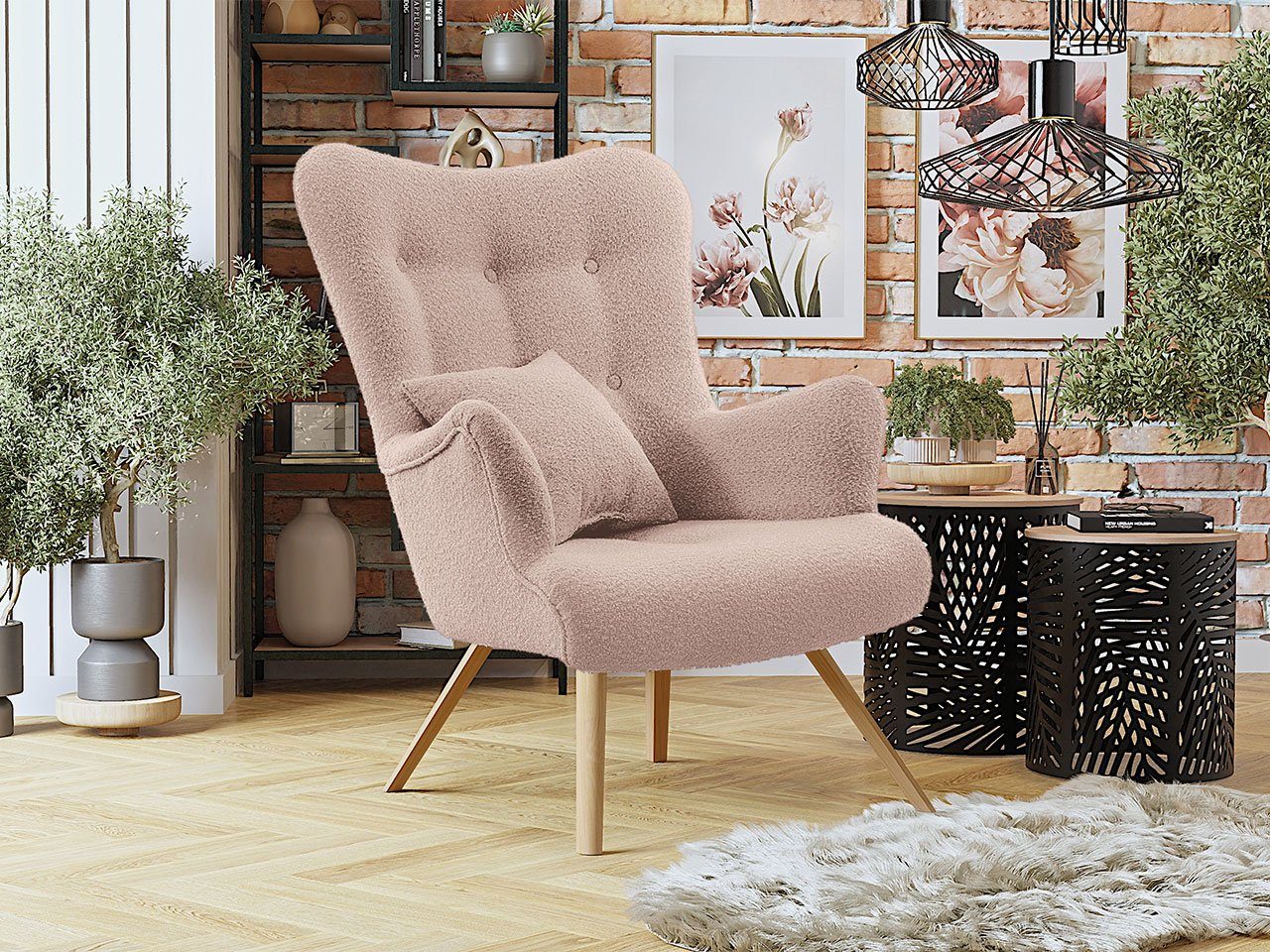 MIRJAN24 Sessel Skand Boucle (mit Wellenfeder), mit Kissen, Freistehender, skandinavischen Stil