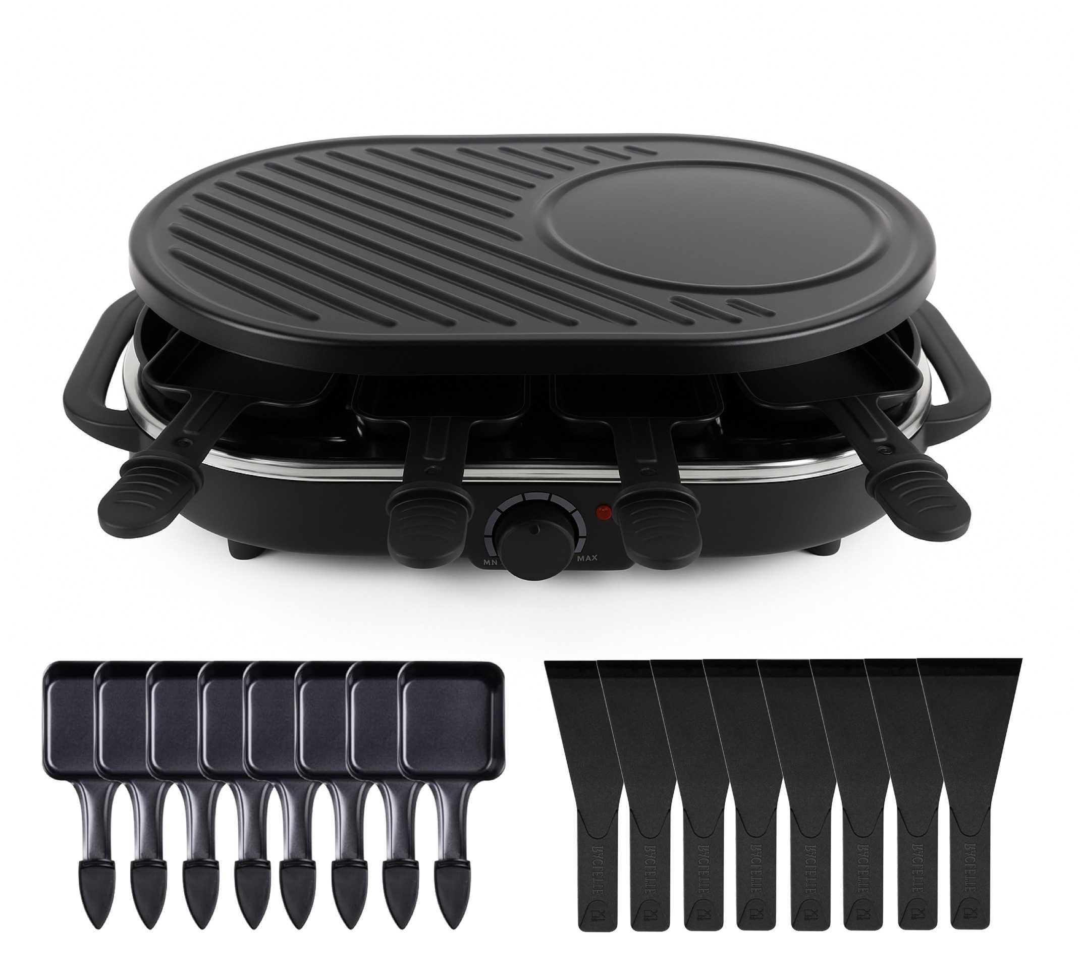 HaushaltO Raclette Raclette Set für 8x Personen - Grillplatte & Steinplatte, 8 Raclettepfännchen, 1400,00 W, mit Steinplatte