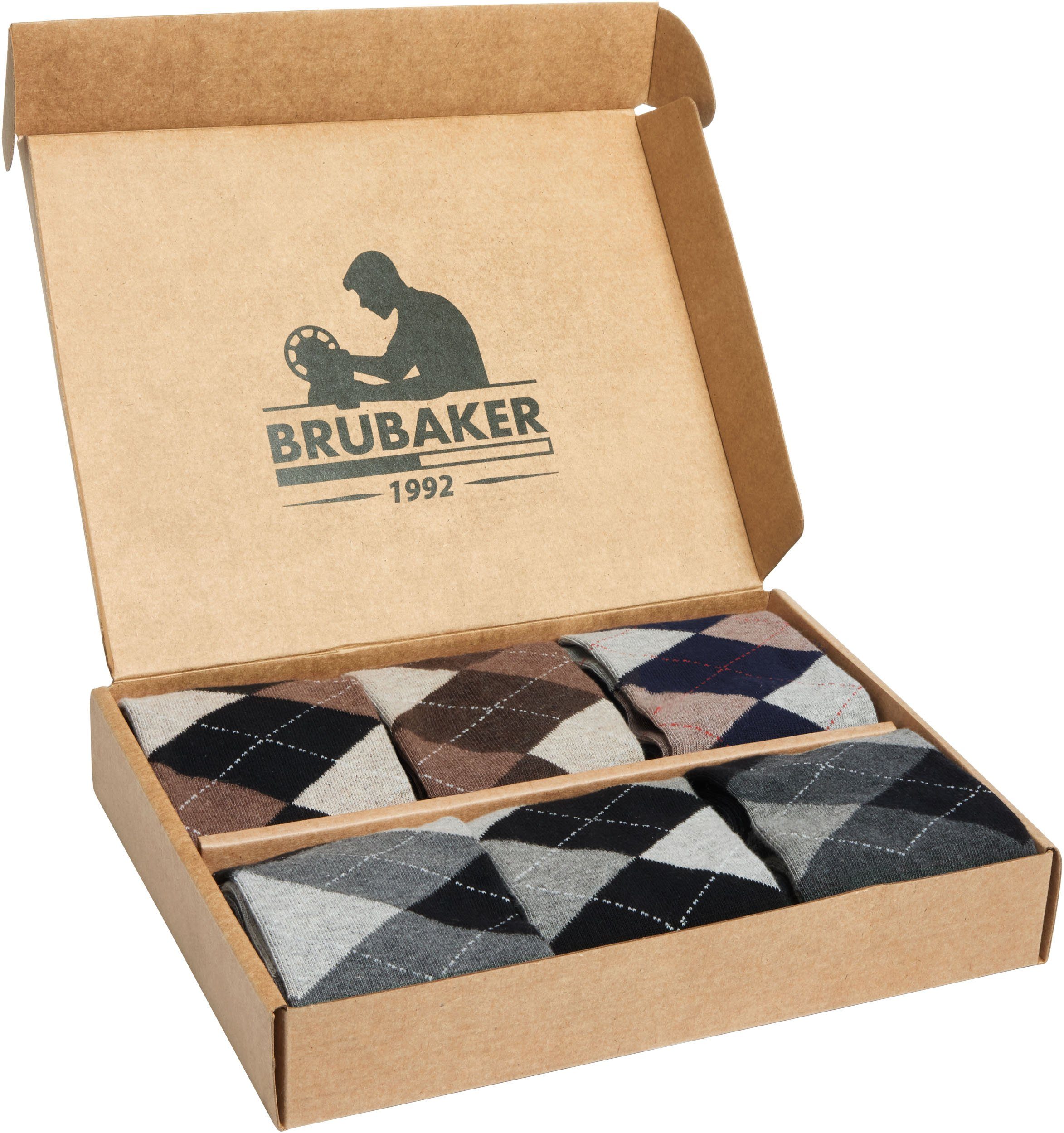 BRUBAKER Socken Herrensocken mit Rautenmuster - Farbmix Grau Braun (in Geschenkbox, 6-Paar, weich und atmungsaktiv) Herren Komfortsocken mit Argyle Karo Muster – Bild 3 von 5
