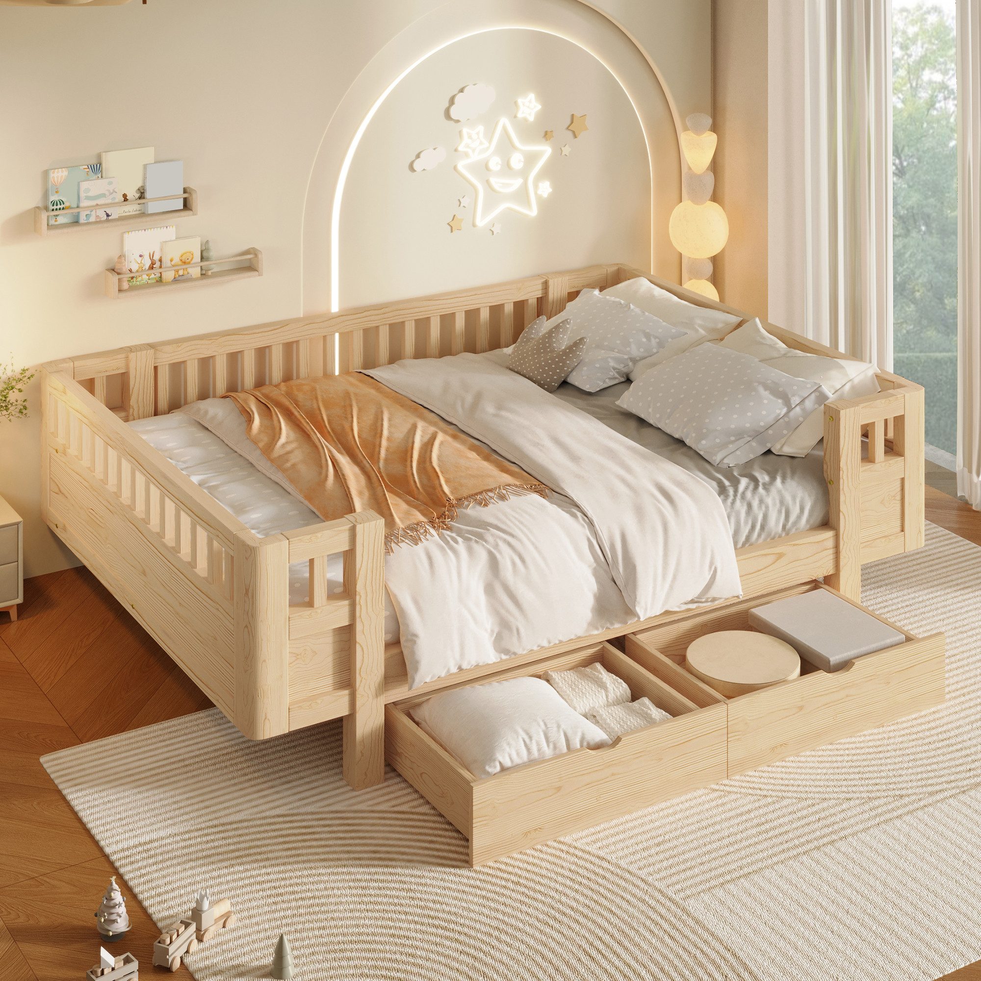 Merax Kinderbett mit Schutzgitter und 2 großen Schubladen (1-tlg), Massivholz Plattformbett 140x200cm Stauraumbett Jugendbett
