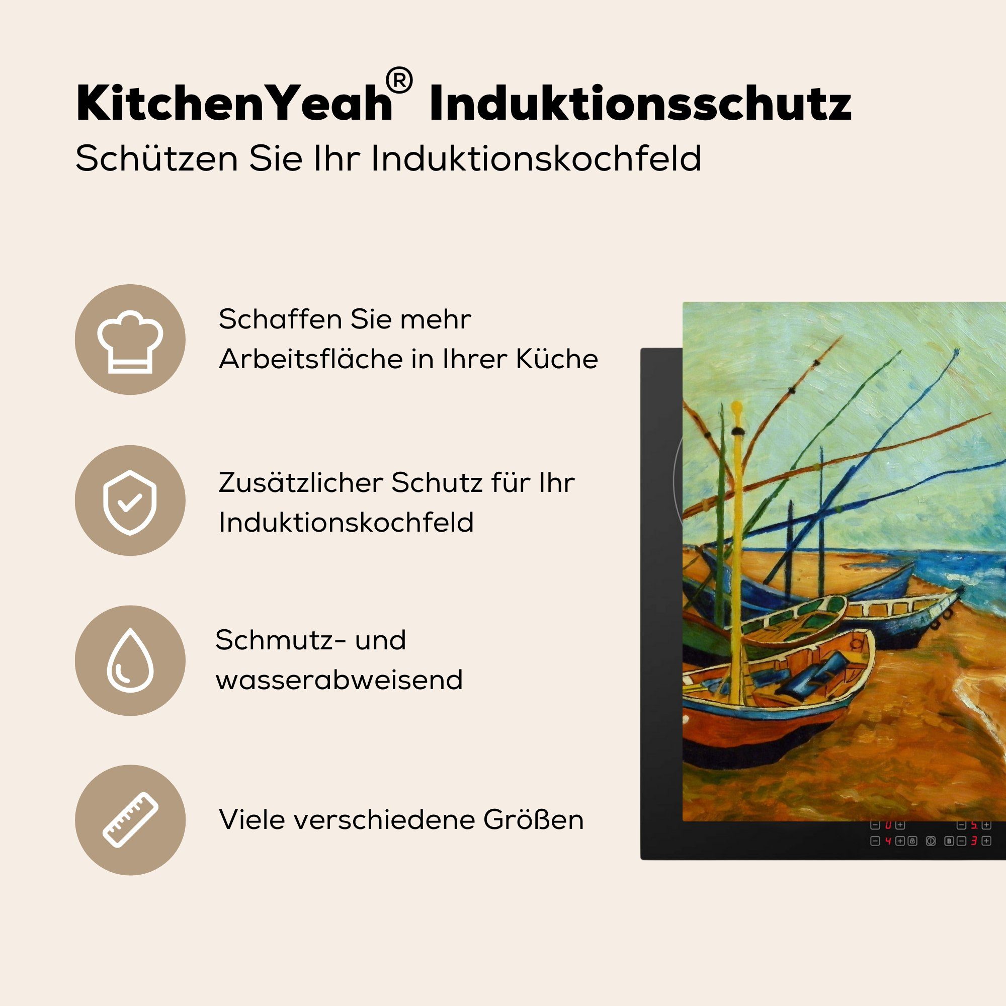 - küche am MuchoWow cm, Strand Ceranfeldabdeckung, Gemälde (1 tlg), 78x78 Gogh, van von Vinyl, Vincent für Arbeitsplatte Herdblende-/Abdeckplatte Fischerboote