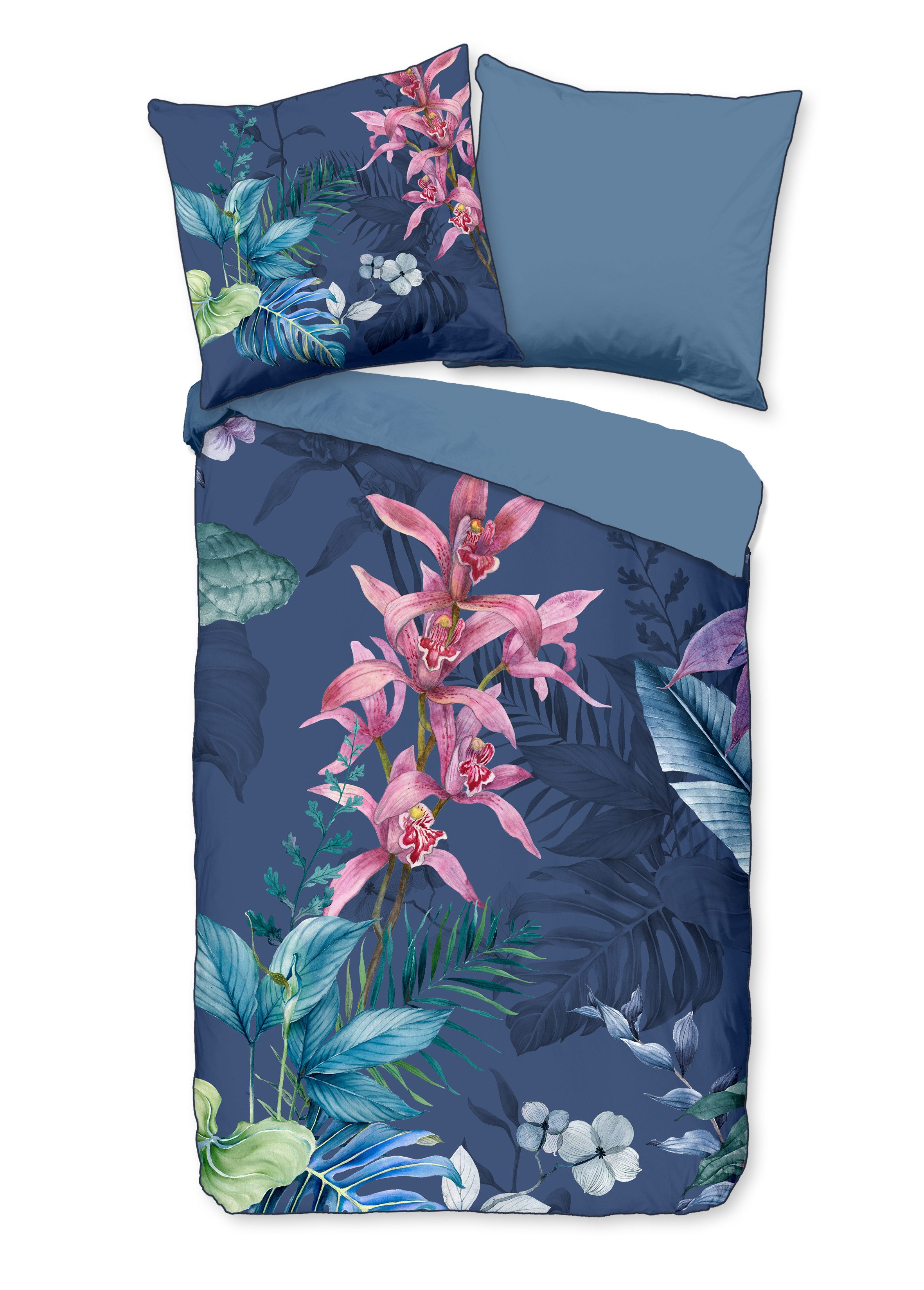 Descanso Bettwäsche Bettwäsche 200x200 + 2 x 80x80 cm Mako Satin Mae Blumen und Blätter b, Mako Satin, 3 teilig, 1 x Bettbezug 200 x 200 cm + 2 x Kissenbezug 80 x 80 cm blau