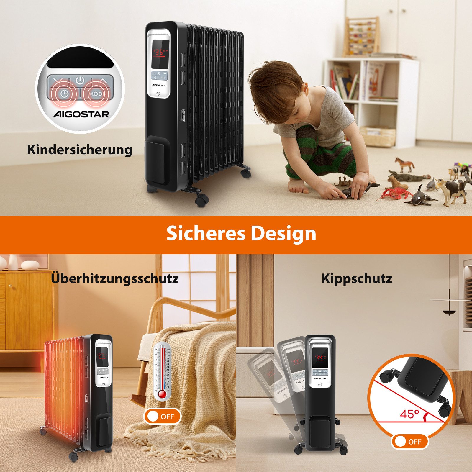 Aigostar Ölradiator 2500W Ölradiator Energiesparender,LCD Elektro Heizkörper mit 13 Rippen, regulierbarer Thermostat – Bild 5 von 5