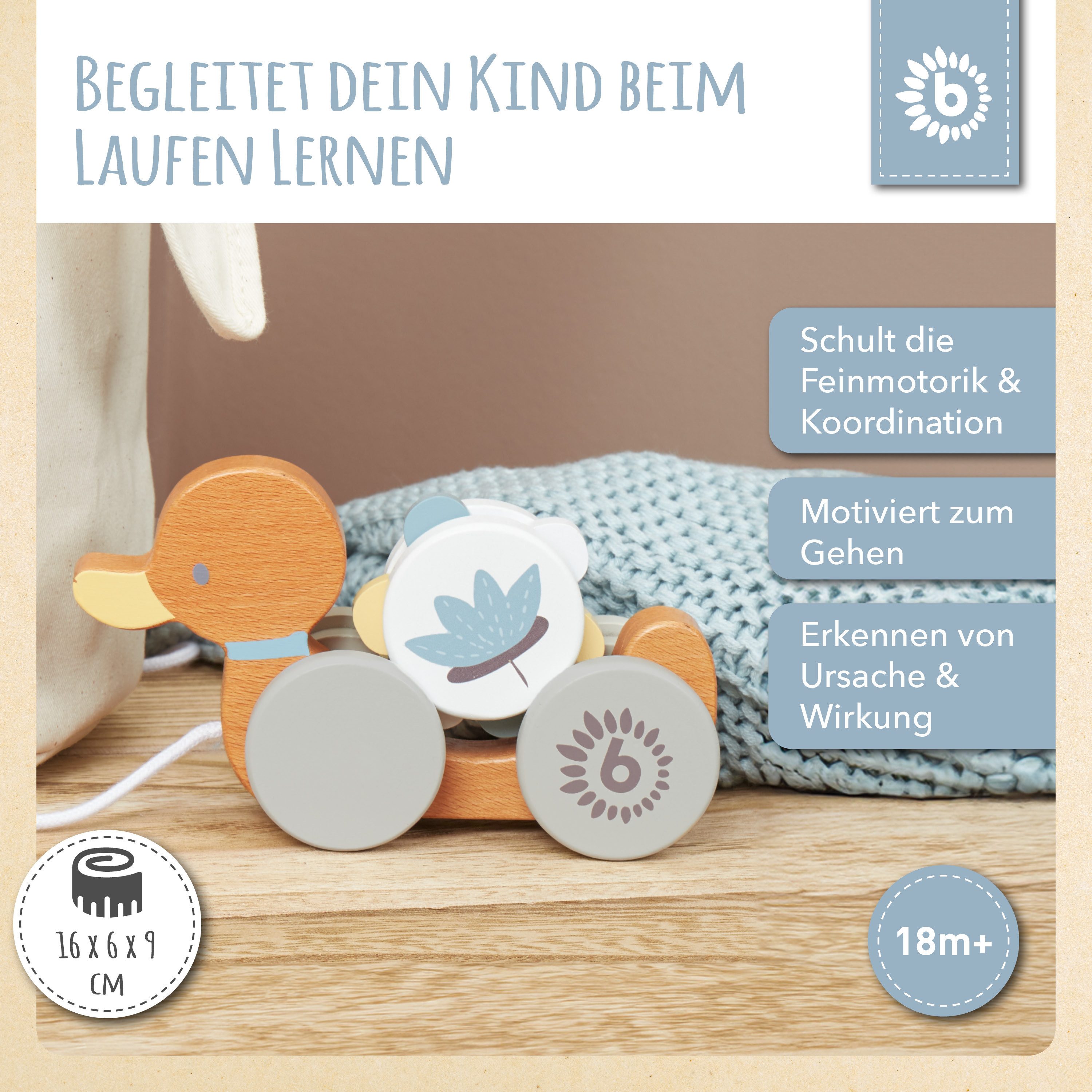 BIECO Nachziehtier Nachziehspielzeug Holz Kinder Nachziehtier Ente ab 1 Jahr