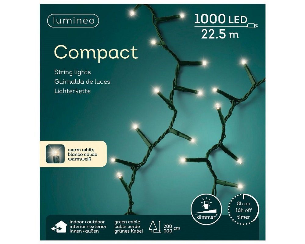 Lumineo LED-Lichterkette »Lichterkette Compact 1000 LED's 22,5 m warm weiß,  grünes Kabel«, Indoor & Outdoor, dimmbar, 8h-Timer, Weihnachten, Dekoration