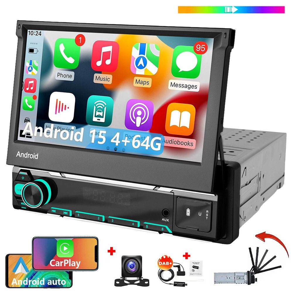 ESSGOO DAB+ 4+64G 1DIN 7'' Flip Out Android 15 Carplay Autoradio GPS WIFI FM Autoradio (Digitalradio (DAB), 4+64GB(optional), RDS, AM, FM, Carplay Android Auto Bluetooth EQ USB GPS Navi WIFI Touchscreen)