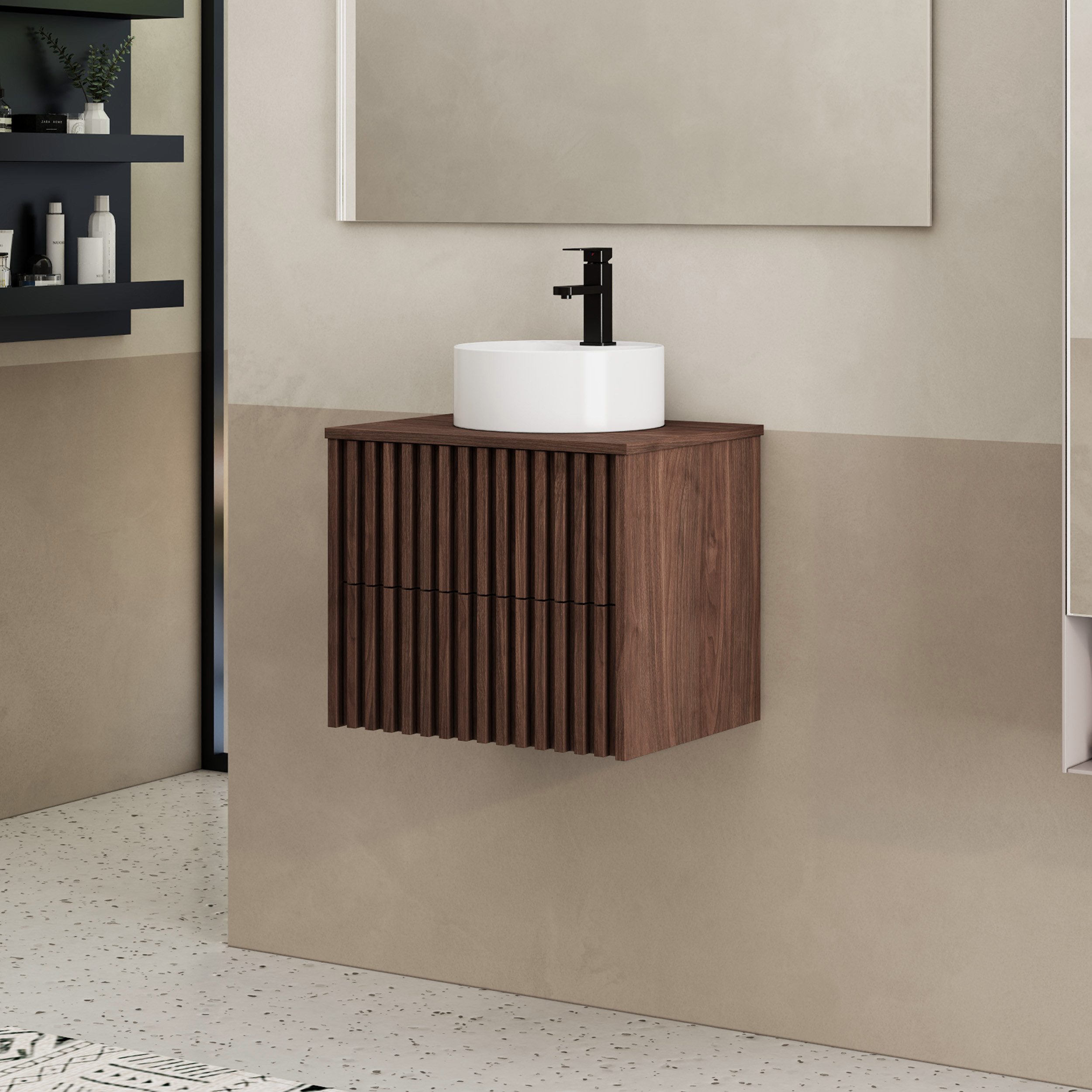 UEV Waschtisch mit Unterschrank hängend Rundes Keramikwaschbecken (Komplett-Set Badmöbel, Badezimmmer Schrank, mit Wasserhahn und Pop-up-Ablassventil Aufsatz-Waschbecken), Soft-close Schubladen,Waschbeckenunterschrank mit 2 Schubladen
