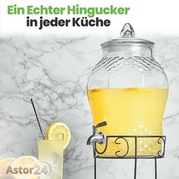 astor24 Getränkespender Getränkespender 8 L mit Zapfhahn + Ständer aus Glas Wasserspender, 8 Liter