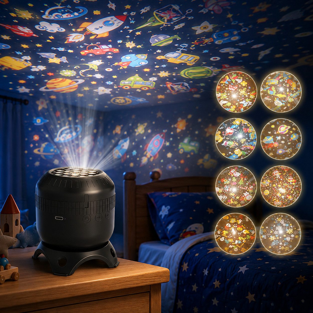 Fyrove Projektionslampe inder Projektionslampe mit 8 Motiven, drehbarer Projektion, 2 Geschwindigkeitsstufen, USB-C, für Wand & Decke, Kinderzimmer & Schlafzimmer