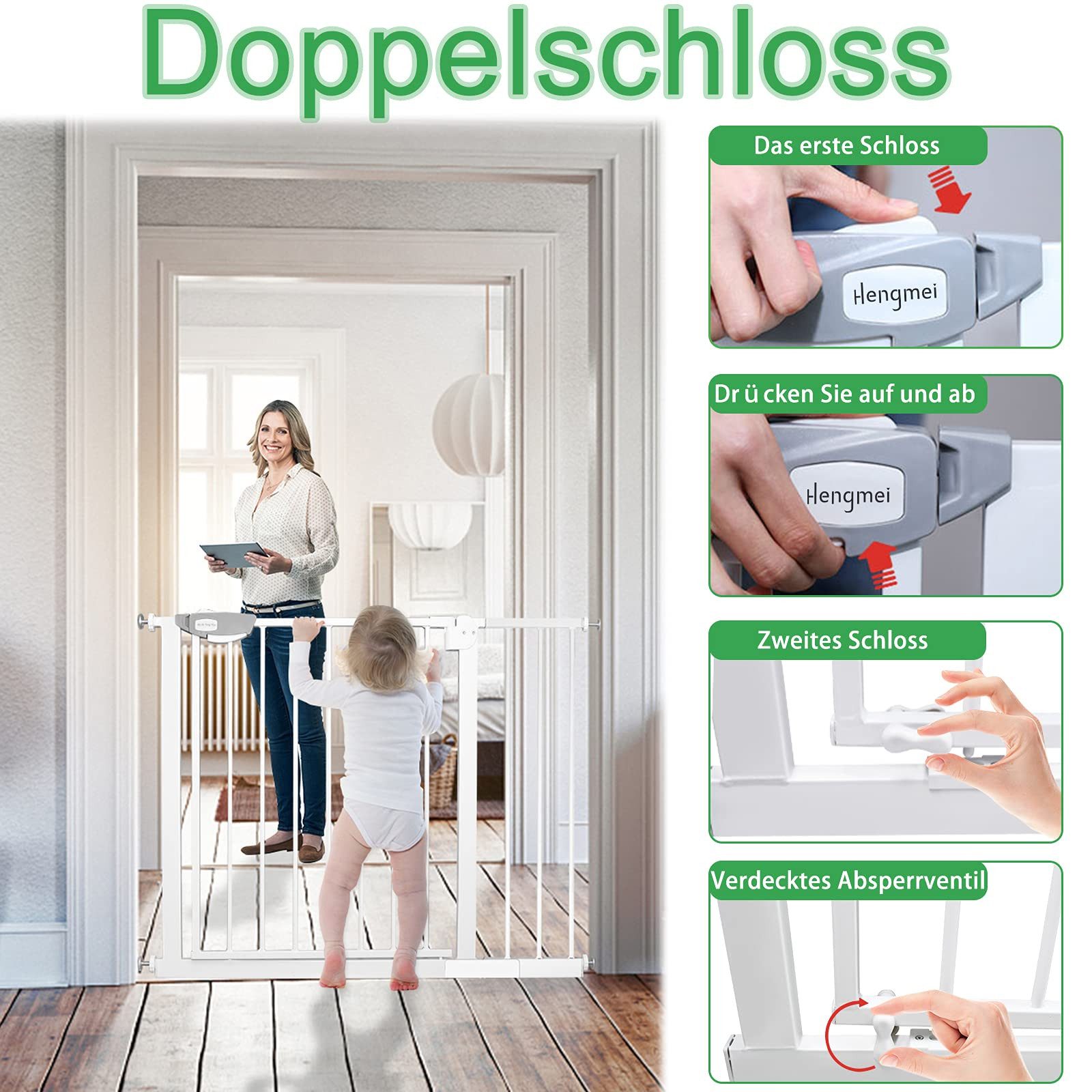 FIVMEN Treppenschutzgitter Türschutzgitter Treppengitter ohne bohren für Kindersicherheit, 76cm Hoch Weiß/Schwarz aus Metall – Bild 4 von 5