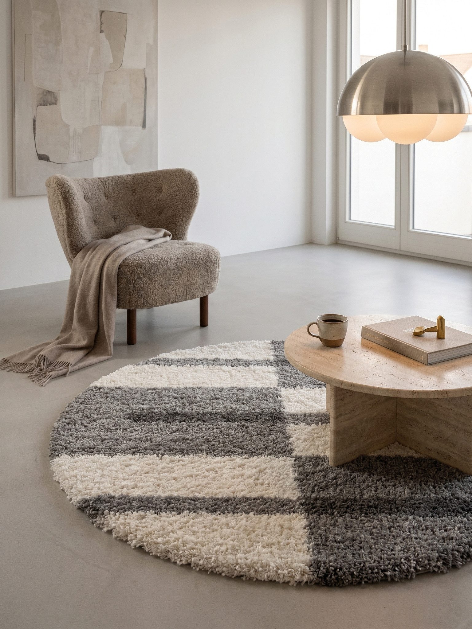 KADIMA DESIGN Teppich Hochflor Teppich Rund WERFEN Kariert Flur Läufer Schlafzimmer, Rund, Höhe: 32 mm, Hellgrau, 80x80 cm, Wohnzimmerteppich Strapazierfähig Waschbar
