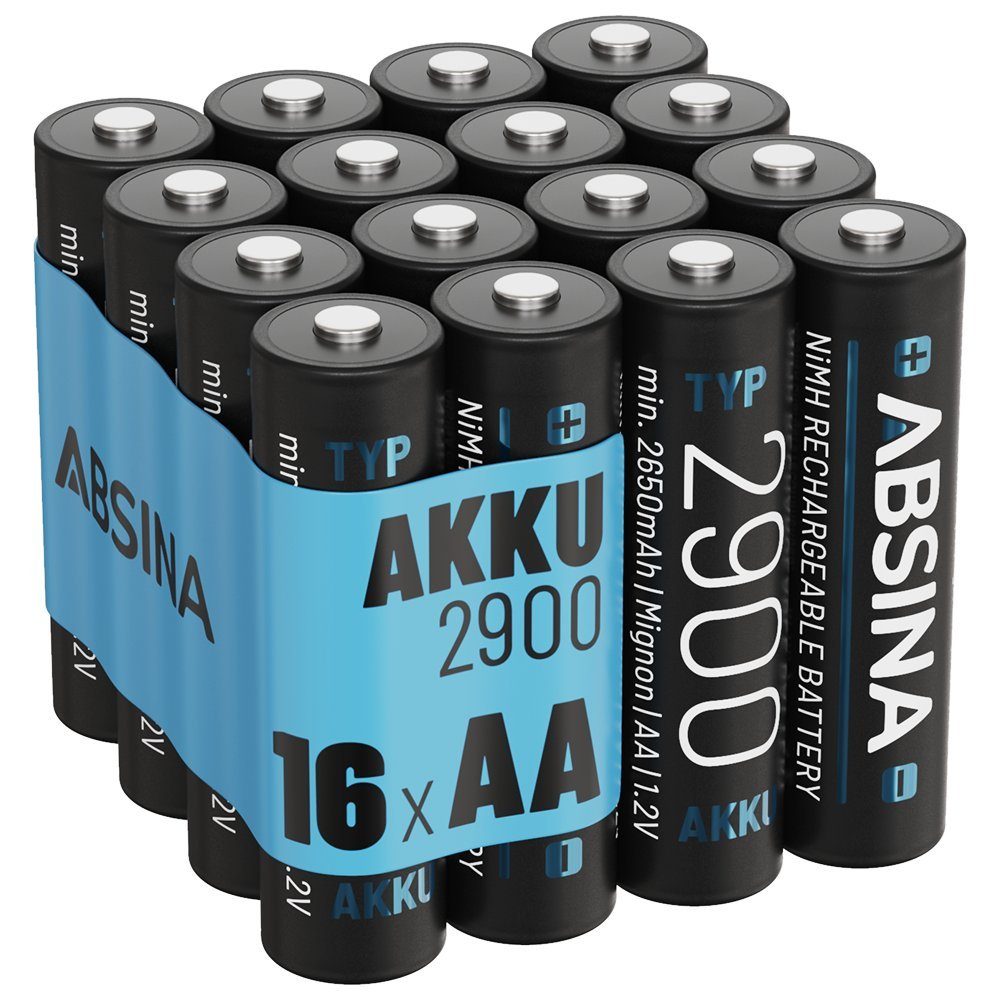 ABSINA Akku AA Mignon 2900 - 16x NiMH Wiederaufladbare Akkus mit min. 2650mAh Akku 2650 mAh (1.2 V)