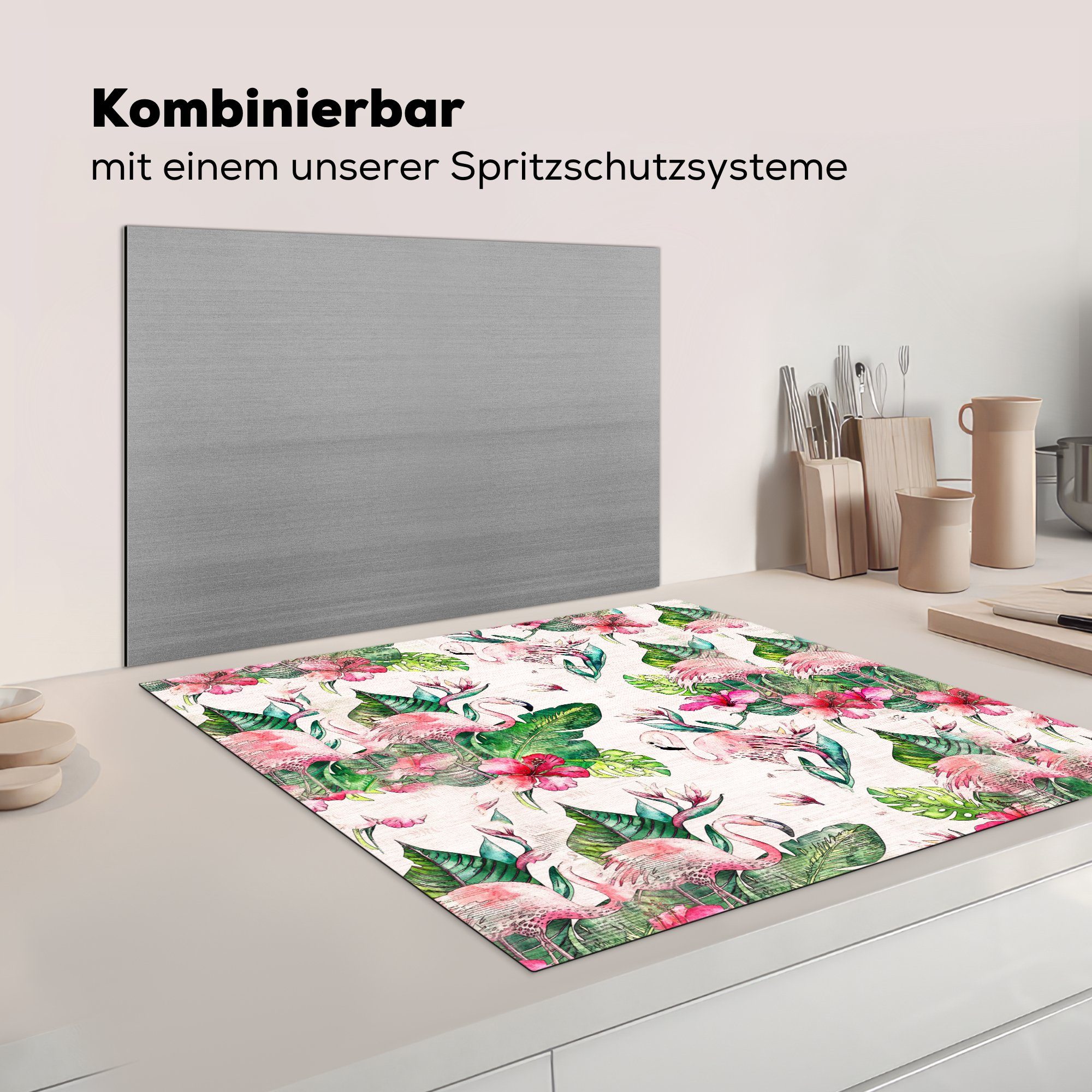 tlg), Ceranfeldabdeckung, Vinyl, Blätter - Blumen Zeitungspapier, - 78x78 küche MuchoWow für Flamingo Arbeitsplatte Herdblende-/Abdeckplatte (1 - cm,