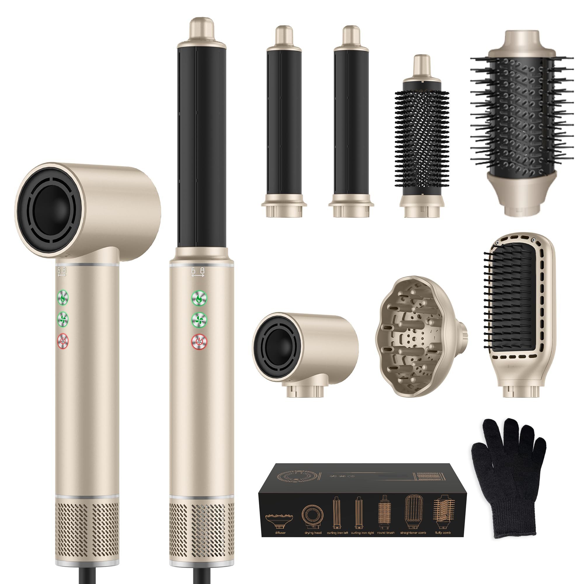 UKLISS Multihaarstyler 7-in-1 Air Styler Hochgeschwindigkeits-Haartrockner Set, 1300 W, Warmluftstyler mit Lockenstab, Diffusor & negativen Ionen