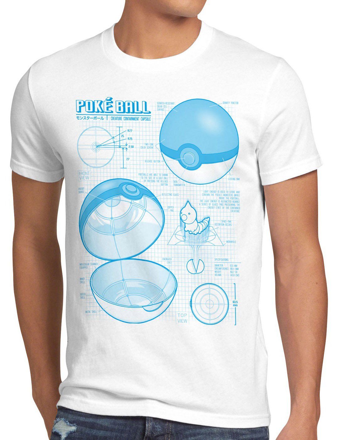 style3 Print-Shirt Herren T-Shirt Pokéball Blaupause monster spiel online weiß