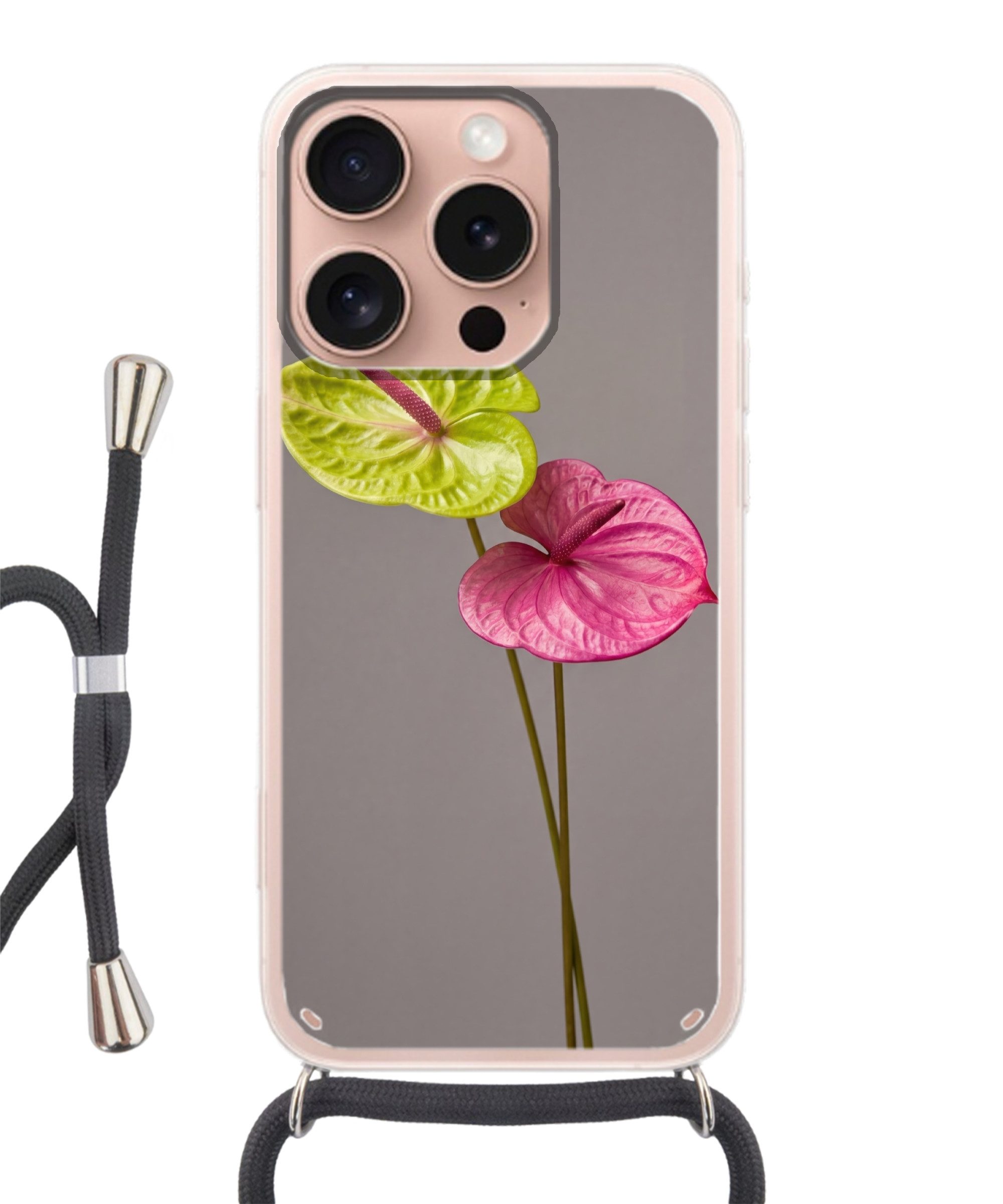 MuchoWow Handyhülle für Apple iPhone 16 Pro Pflanzen - Anthurium - Grün - Rosa, Tragbare Handyhüllen mit Kette zum umhängen, Handykette Handyband