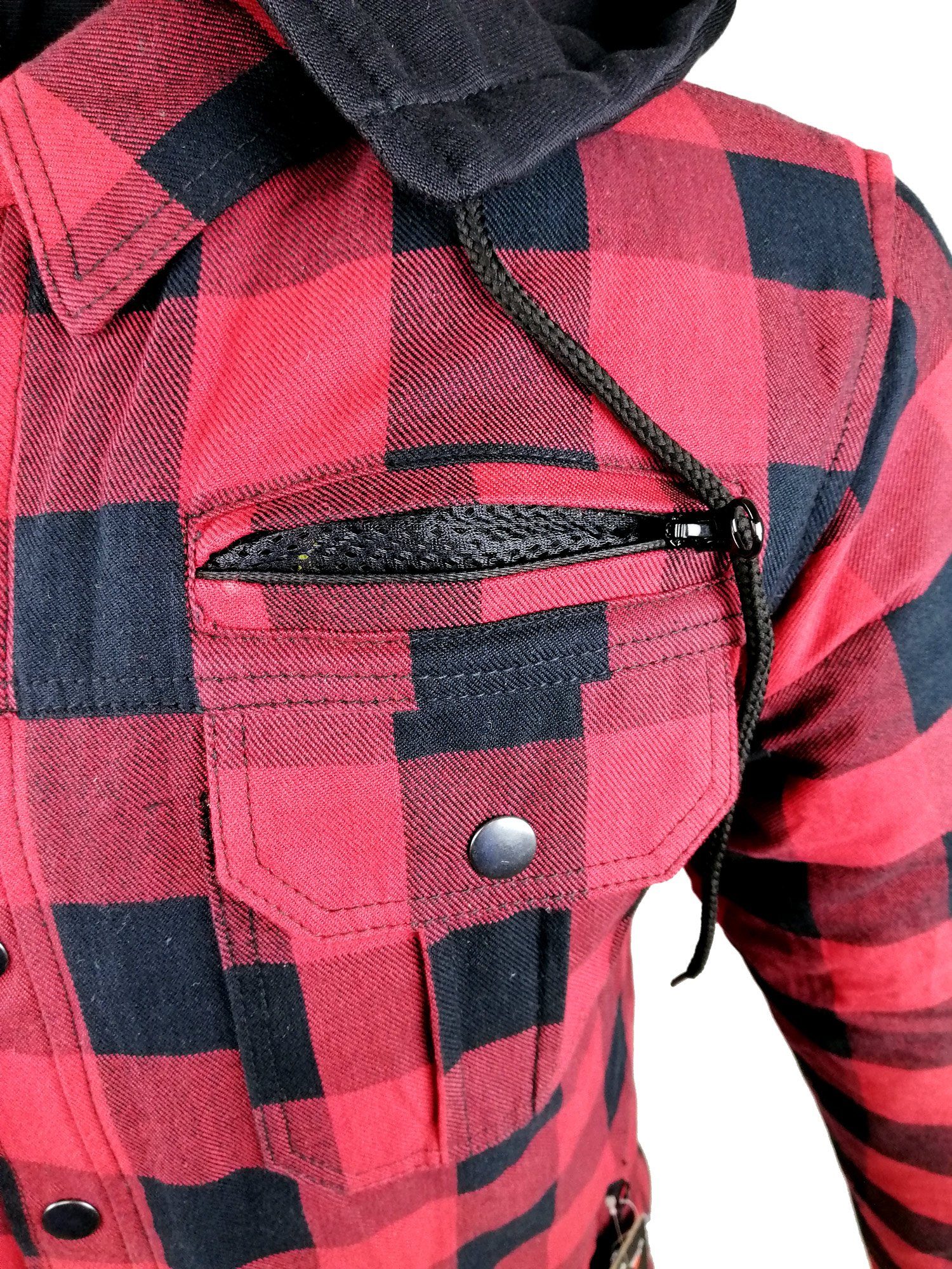 Alpha Speeds Motorradjacke Flanell-Holzfäller Motorrad KEV ARAMID Shirt Lumber Biker Hemd PRO Rot (Wasserdicht & Winddicht & Atmungsaktiv + wasserdichte Reißverschlüsse) mit abnehmbare Kapuze & Innenjacke, All Season, inklusive Protektoren