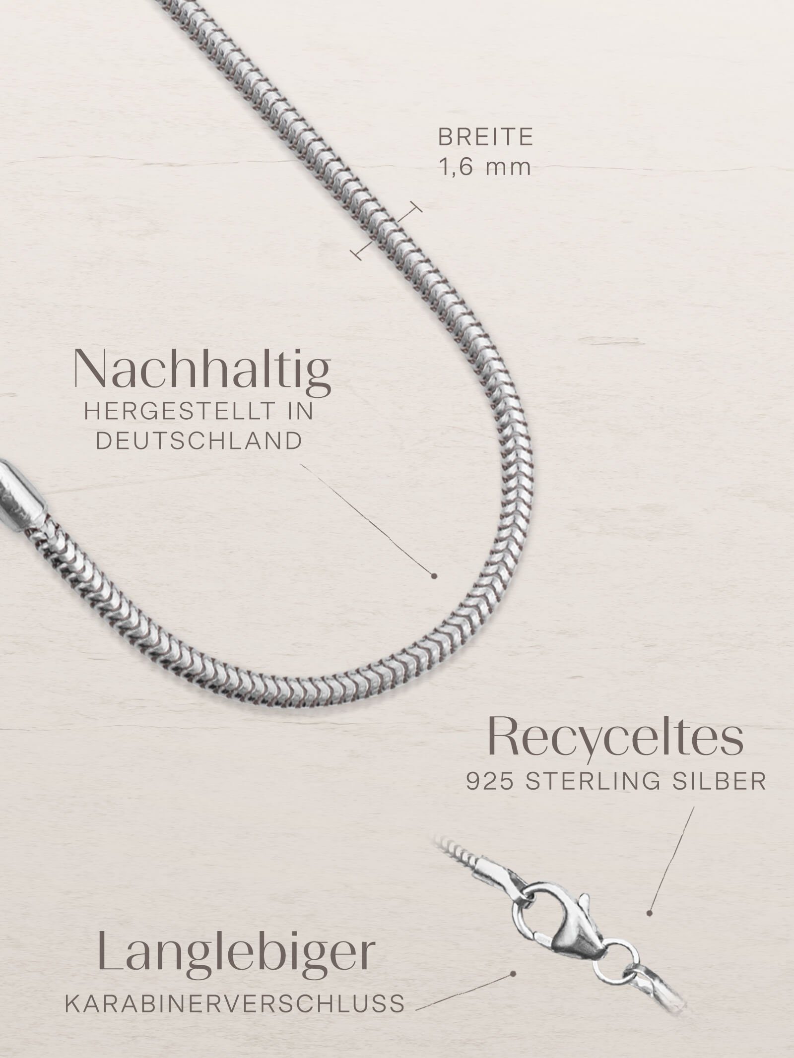 modabilé Silberkette Schlangenkette 40cm HEARTFELT, Made Germany Halskette 1,6mm, 925, Kette Damen Silber in Sterling