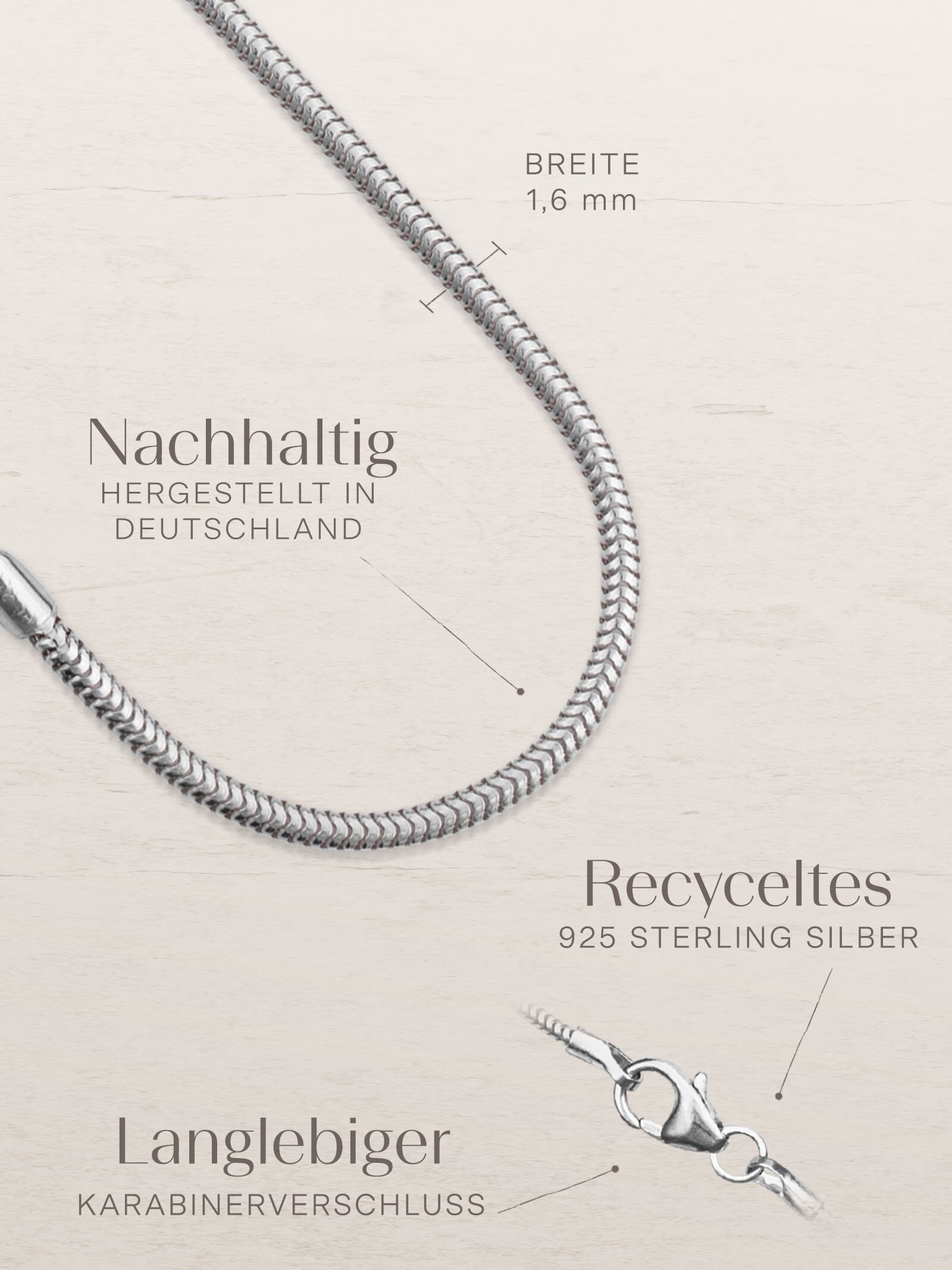 modabilé Silberkette Schlangenkette HEARTFELT, Damen Halskette 1,6mm, 35cm Kette Sterling Silber 925, Made in Germany