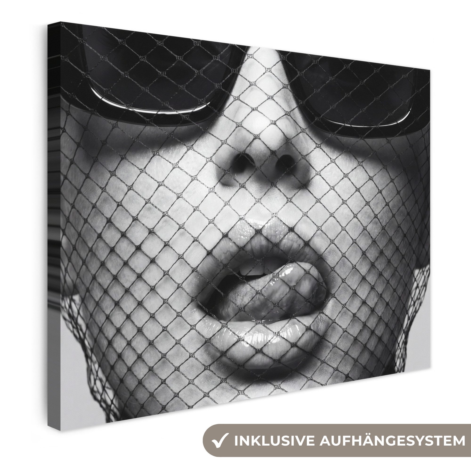 OneMillionCanvasses® Leinwandbild Frau - Netz - Mysteriös - Schwarz - Weiß, Fotodruck (1 St), Wandbild Leinwandbilder, Aufhängefertig, Wanddeko 40x30 cm