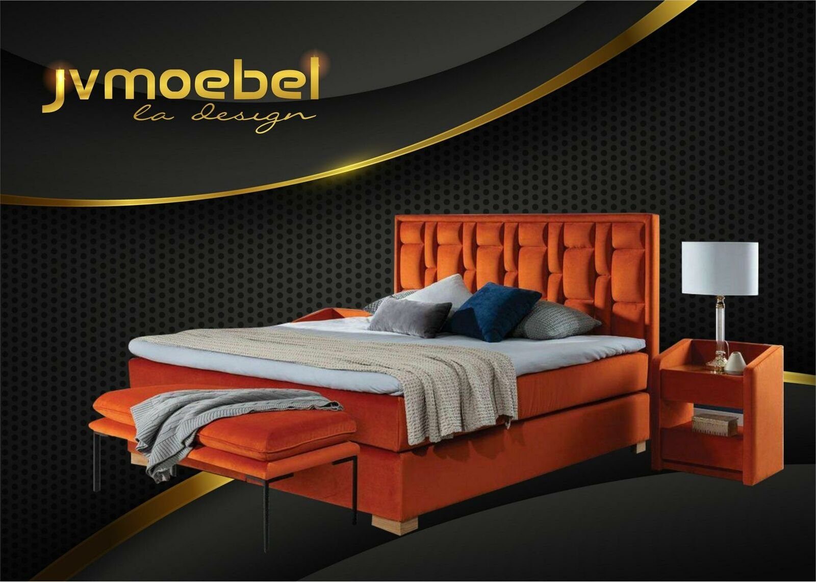 JVmoebel Bett, Luxus Boxspring Bett Schwarz Blaue Betten Schlafzimmer Möbel 160x200 Orange