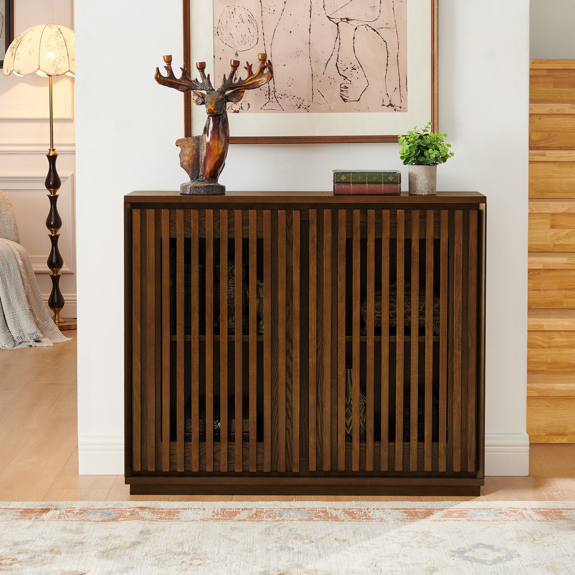 Celya Sideboard Buffetschrank Aufbewahrungsschrank mit 2 Tür (99 x 23.5 x 82.6, Mittelalterlich-moderner Stil, ausgehöhlter Schrank)