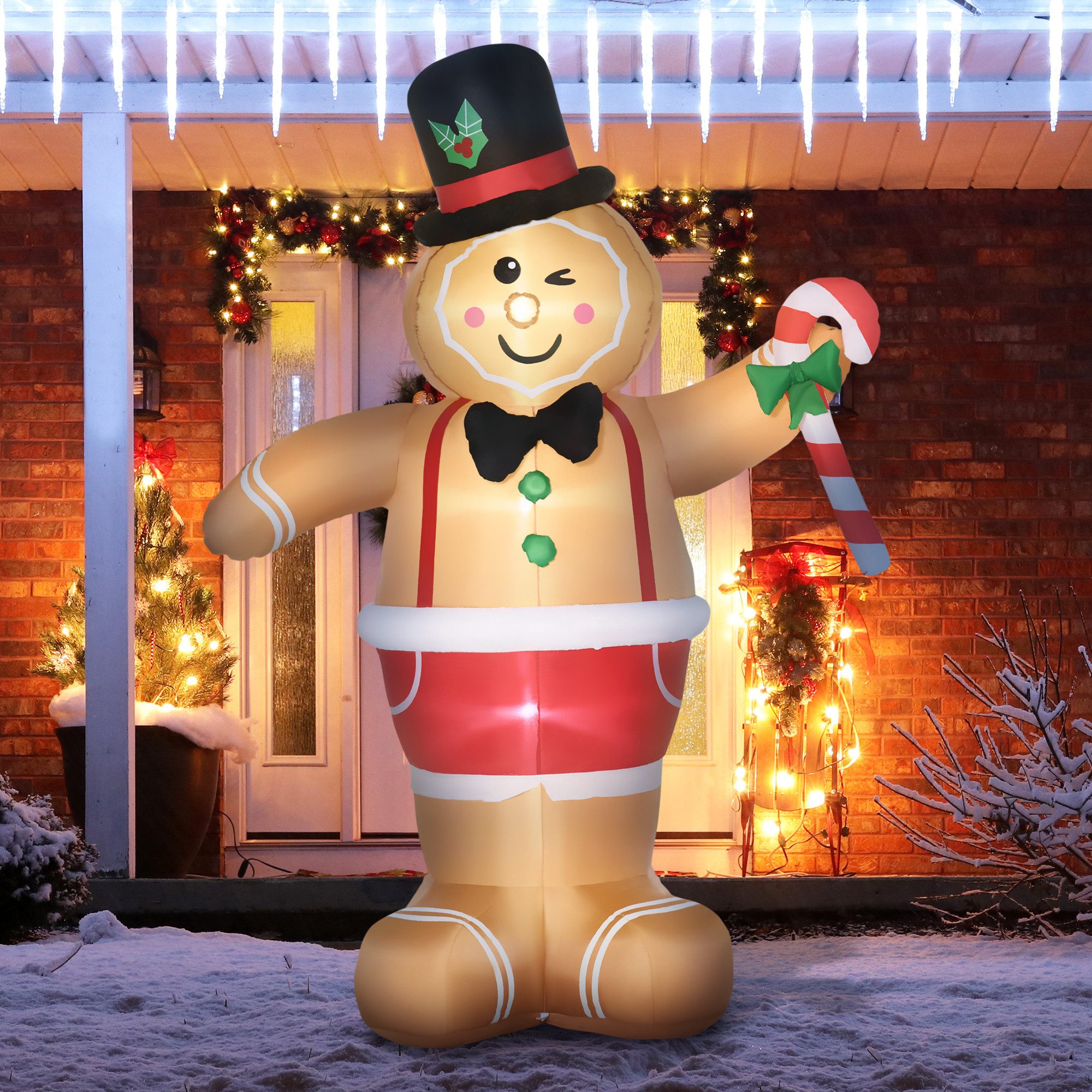 Outsunny Weihnachtsfigur Weihnachtsdekoration mit LED-Lichtern automatisches Aufblasen (Weihnachts Aufblasbarer Lebkuchenmann, 1 St., Weihnachten Gärten Dekoration), Polyester Braun 175 x 82 x 238 cm